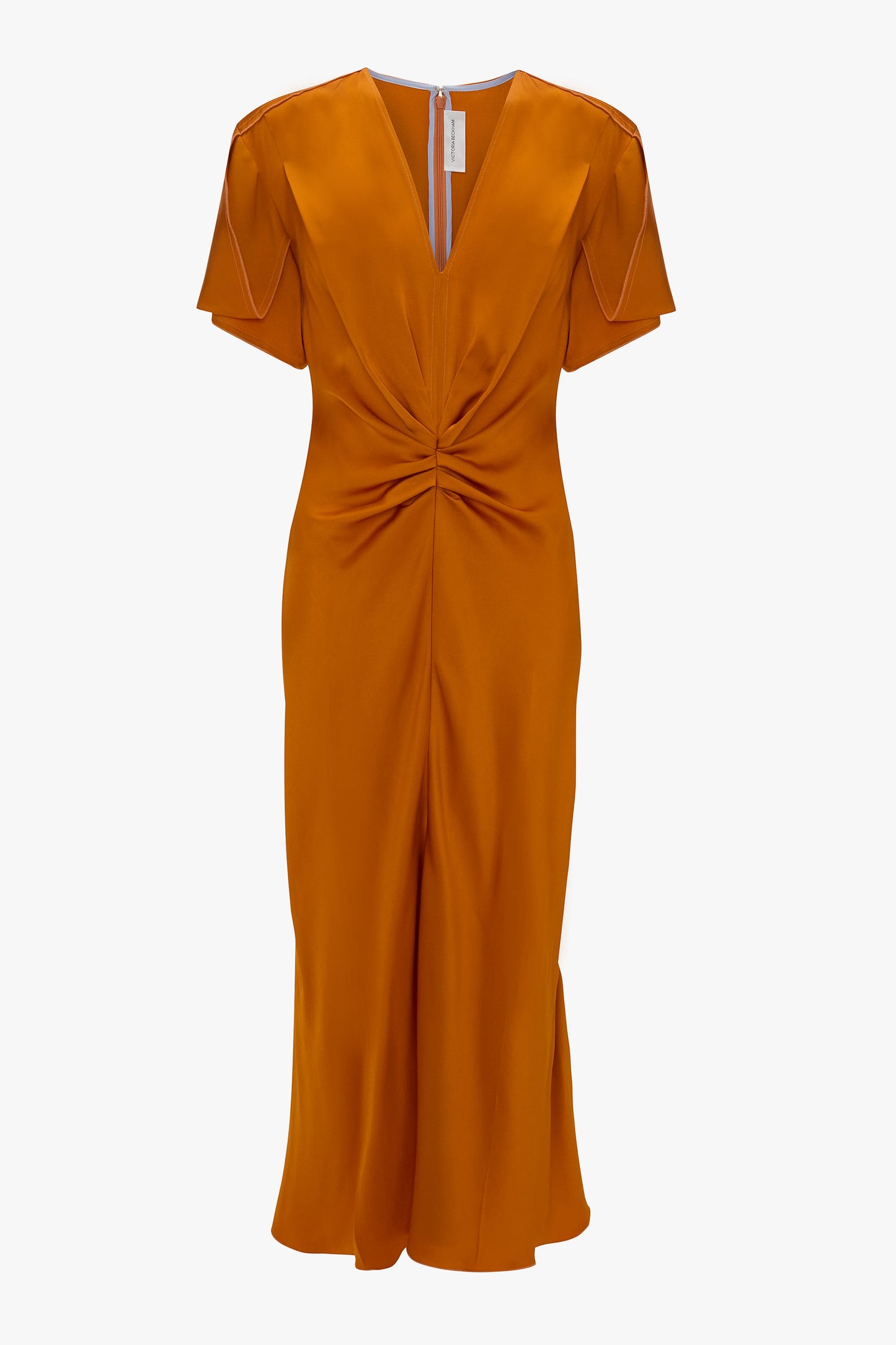 Gathered V-Neck Midi Dress In Sunset Orange