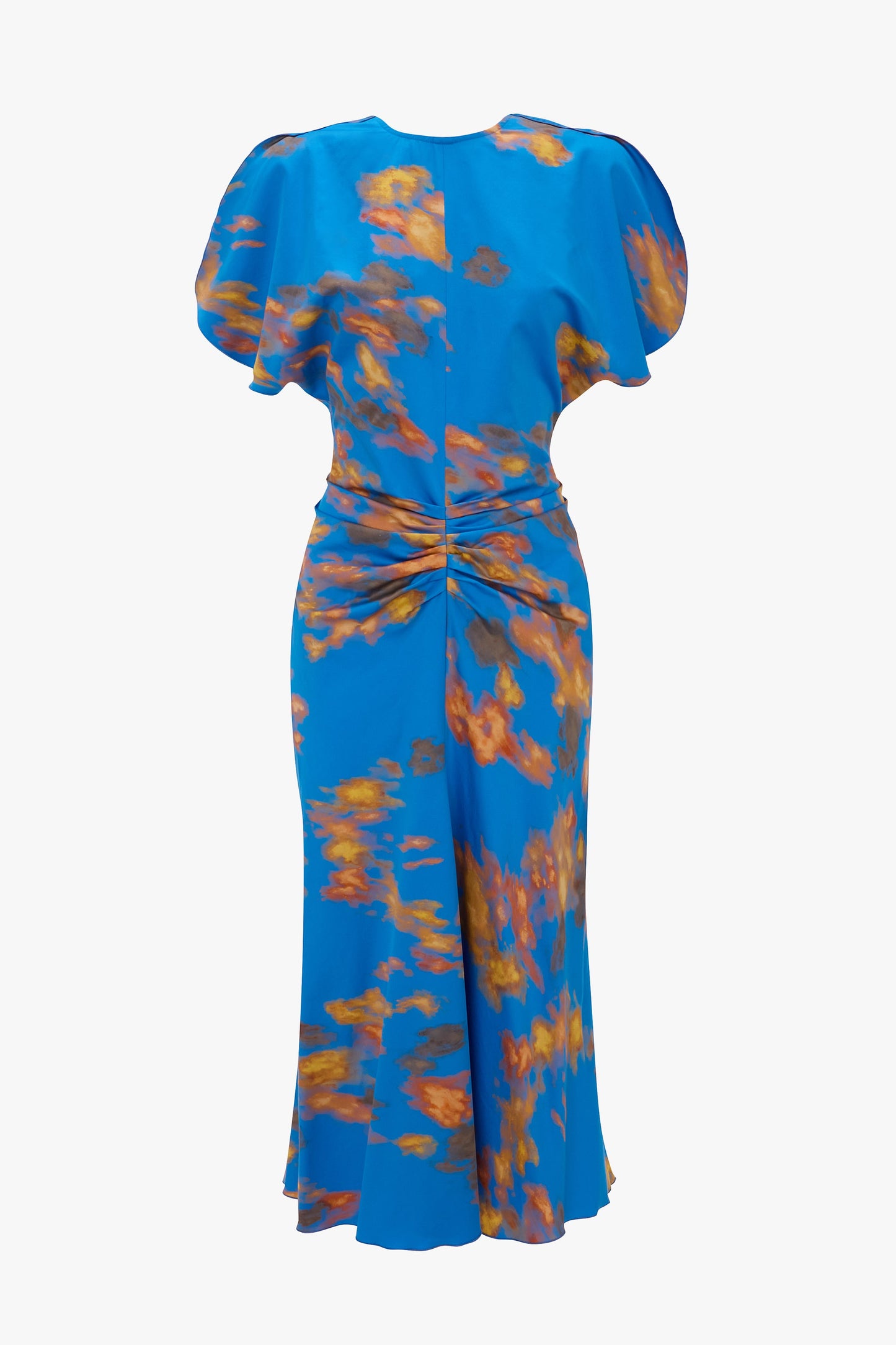Gathered Waist Midi Dress In Blue Abstract Floral Print