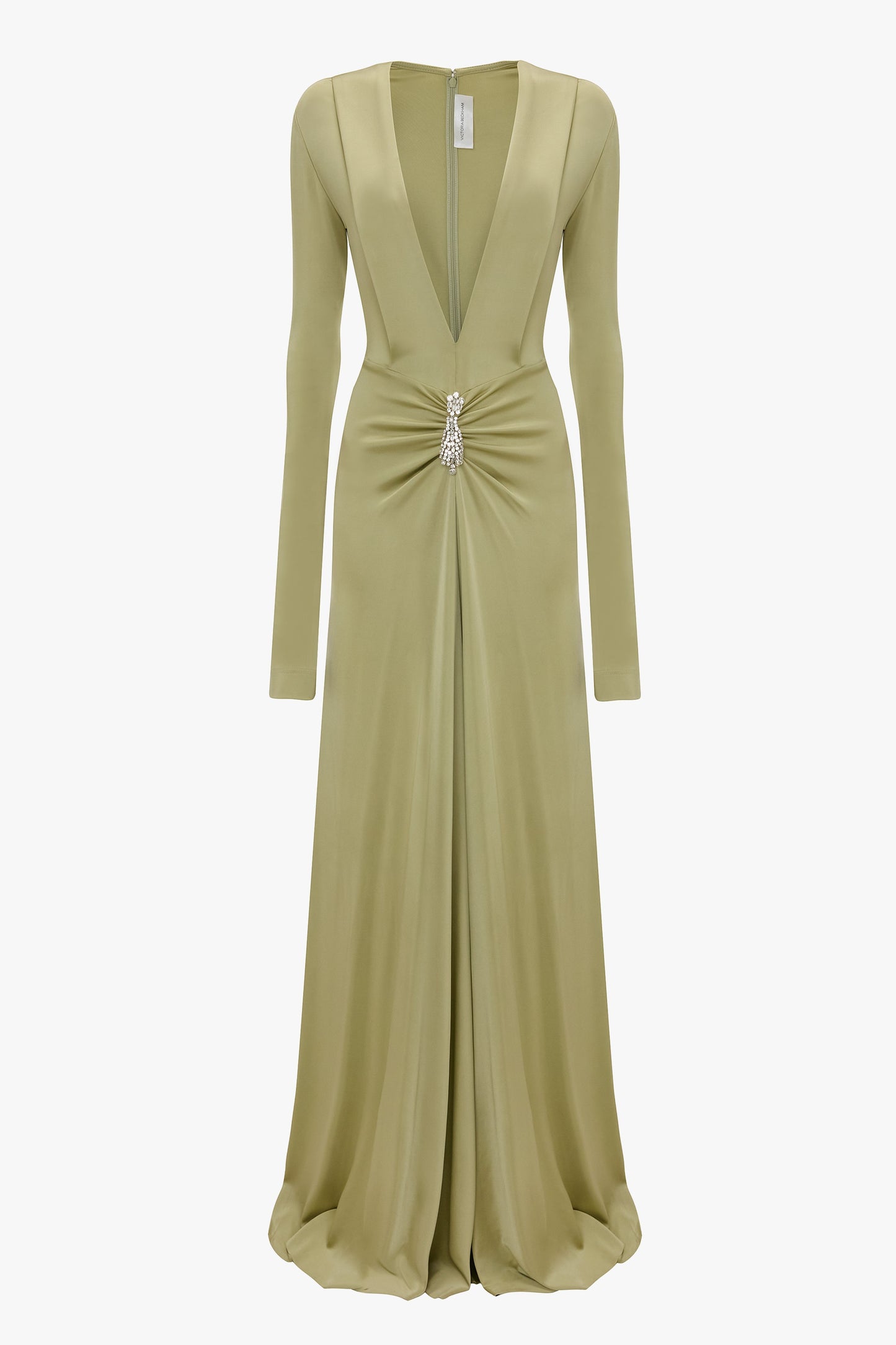 Embellished Long Sleeve Deep V-Neck Gown In Pistachio