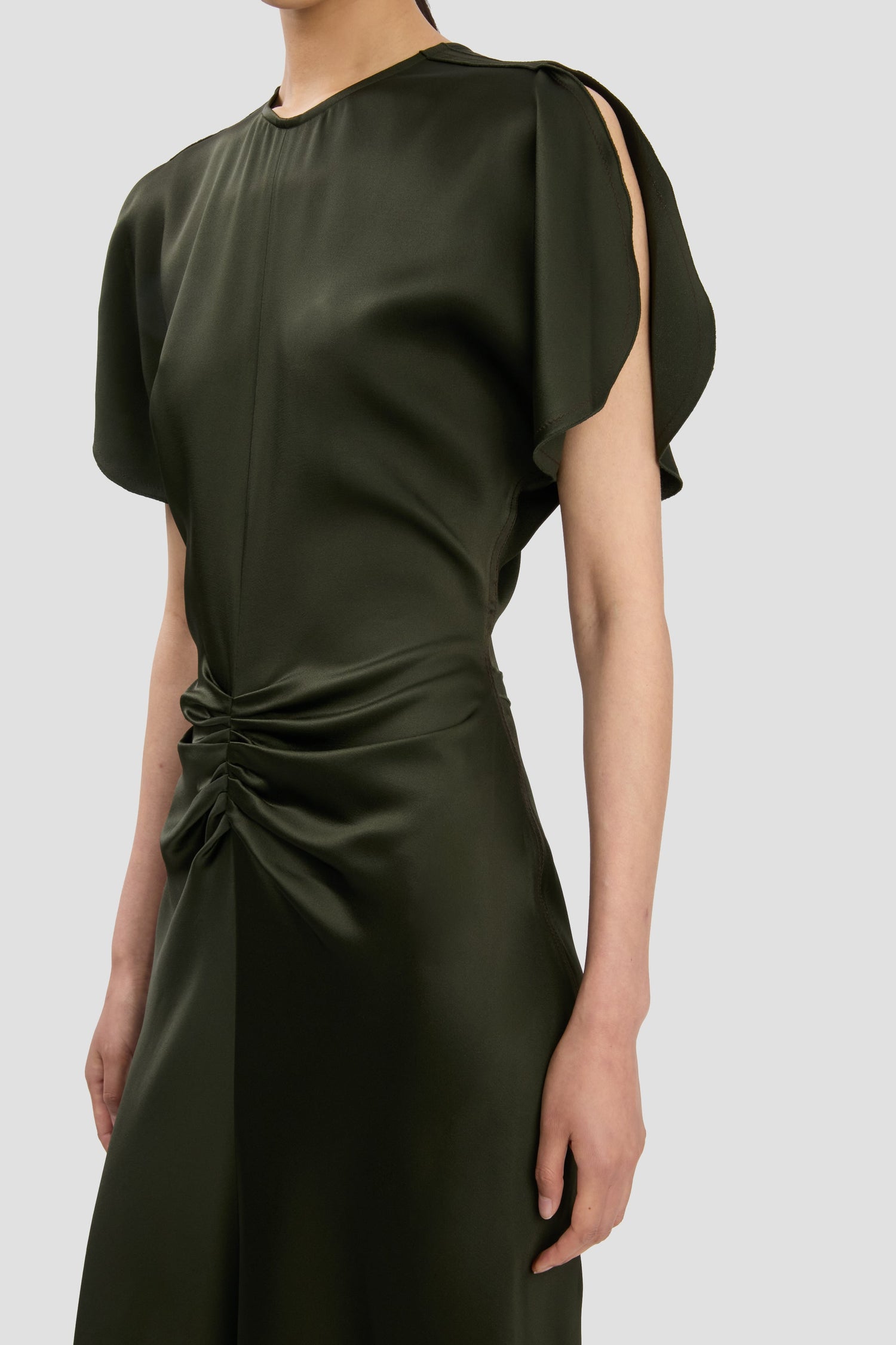 Gathered Waist Midi Dress In Dark Olive