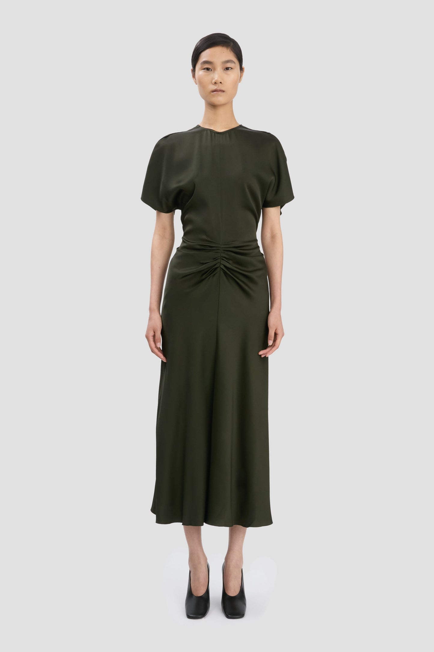 Gathered Waist Midi Dress In Dark Olive