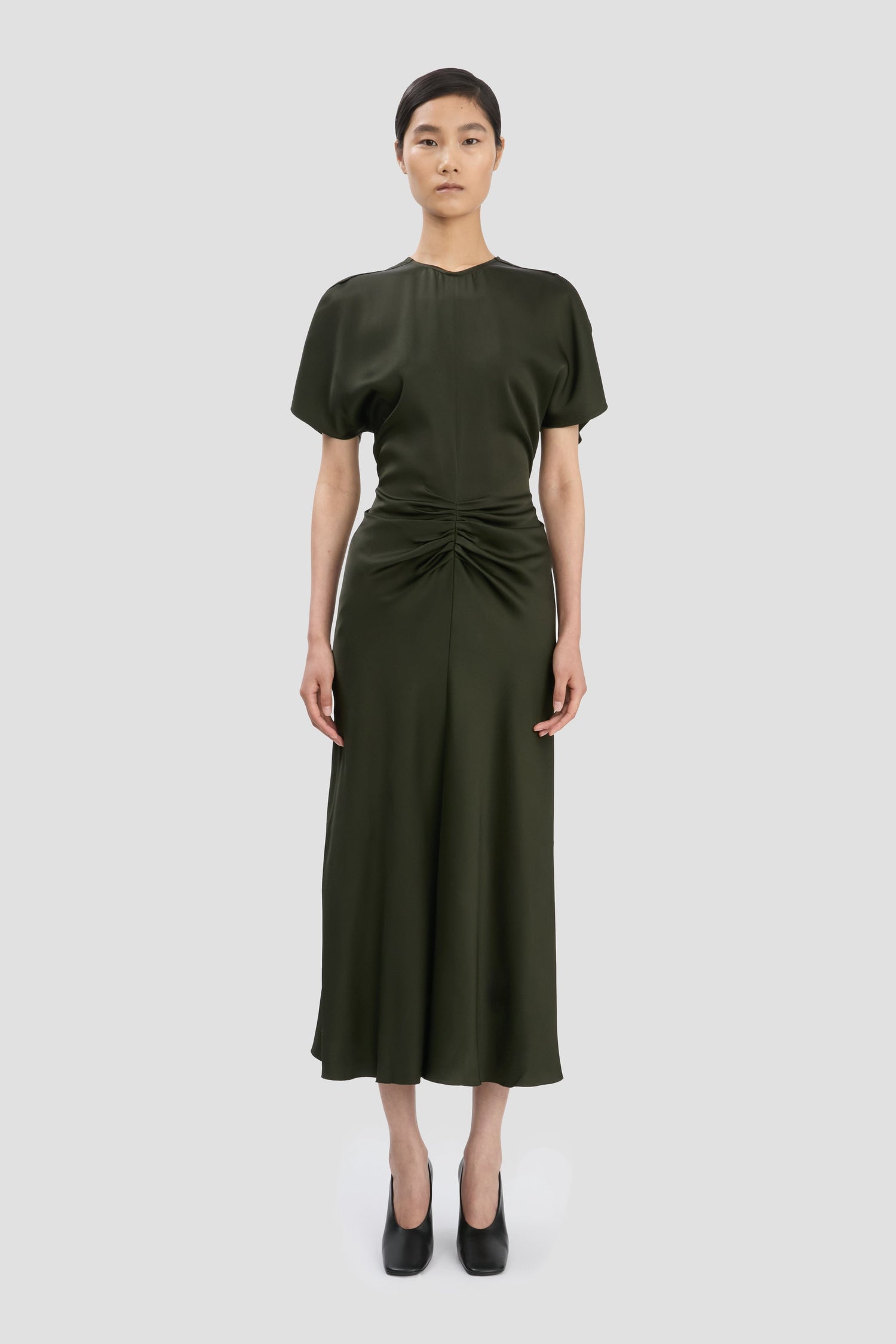 Gathered Waist Midi Dress In Dark Olive