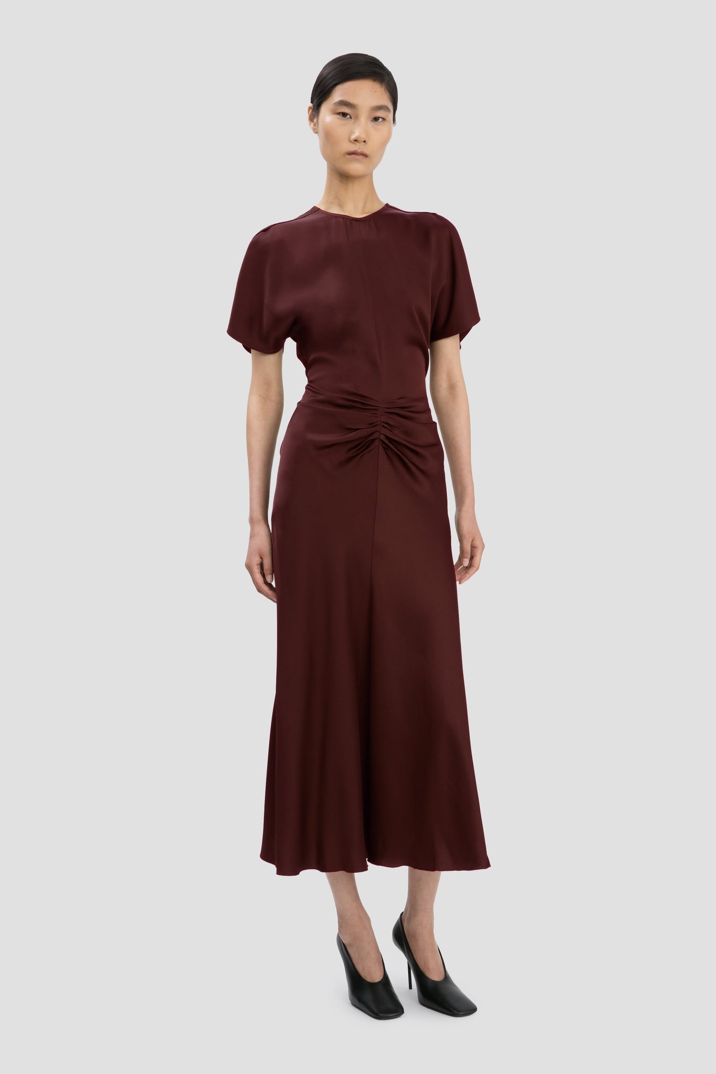 Gathered Waist Midi Dress In Merlot