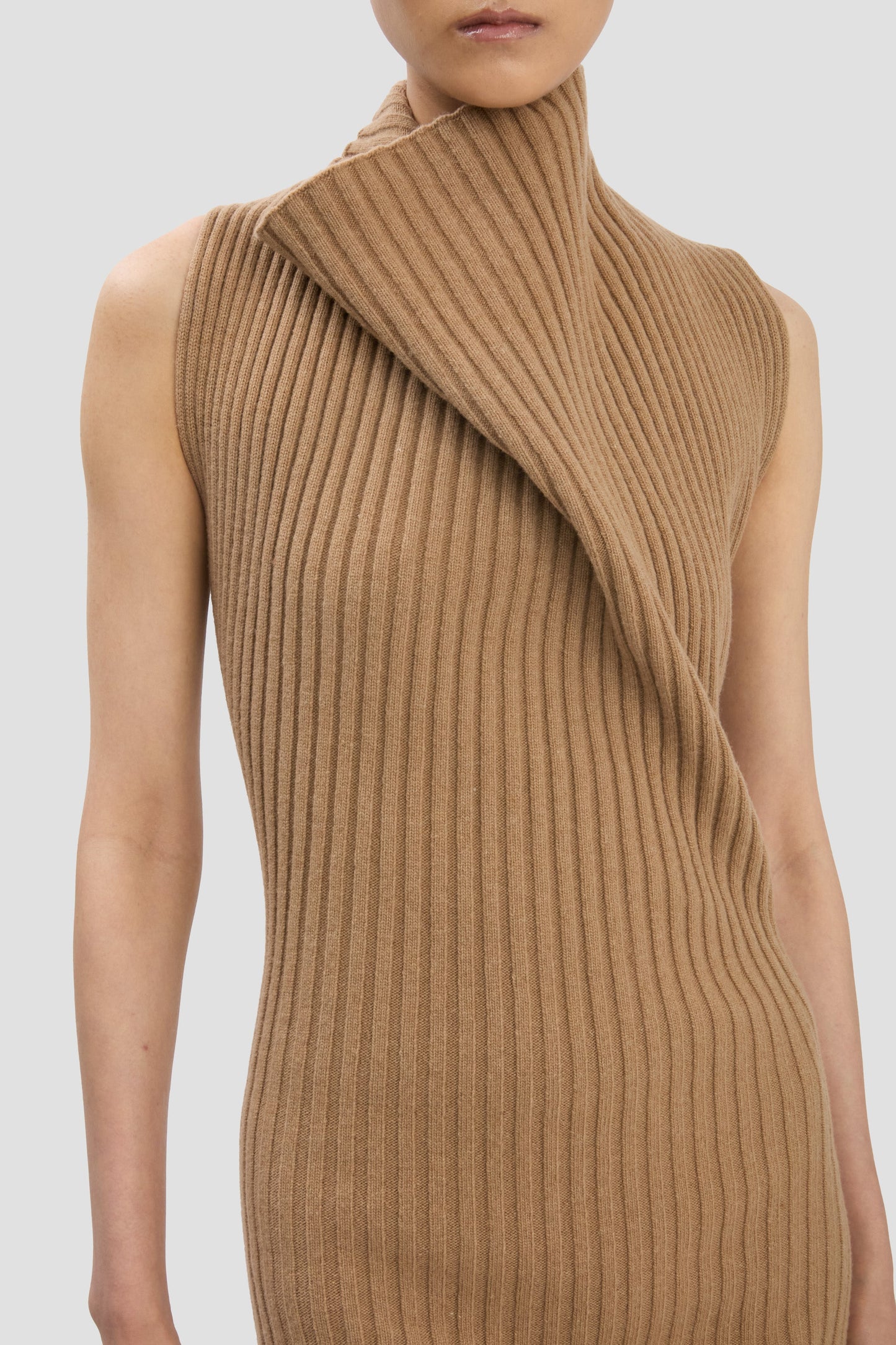 Draped Sleeveless Rib Midi Dress In Dark Camel