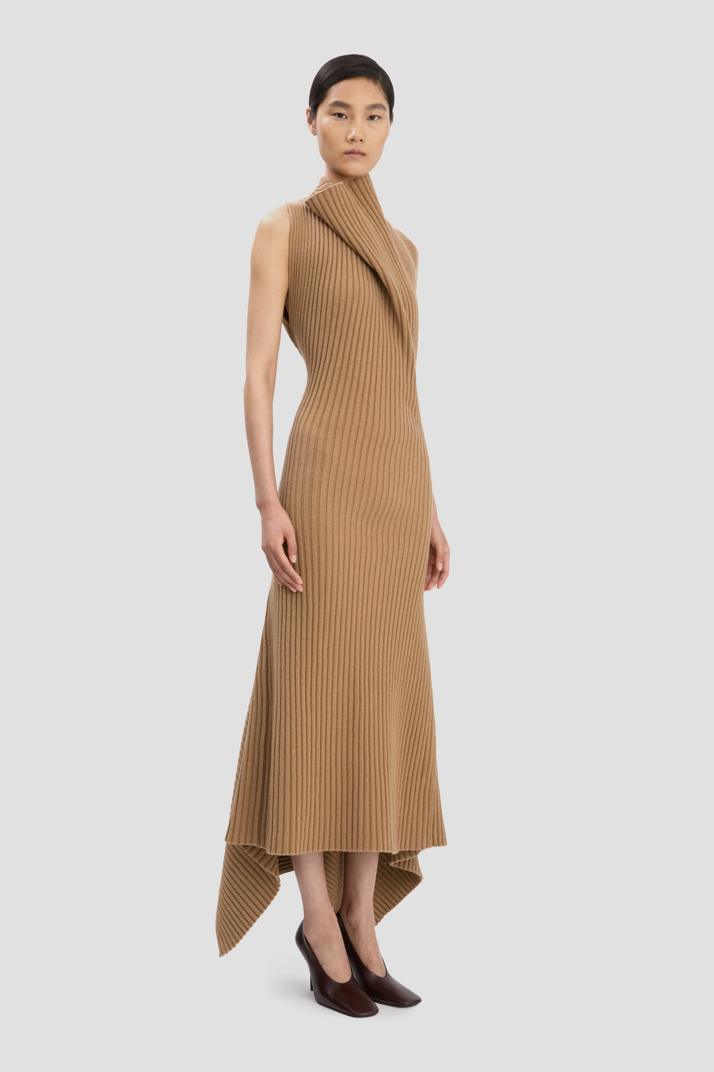 Draped Sleeveless Rib Midi Dress In Dark Camel