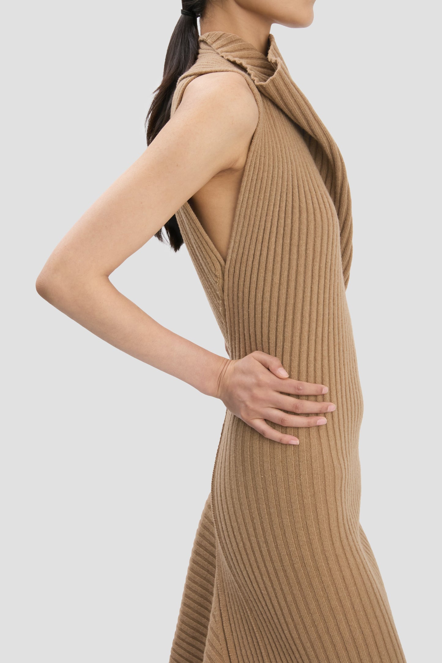 Draped Sleeveless Rib Midi Dress In Dark Camel