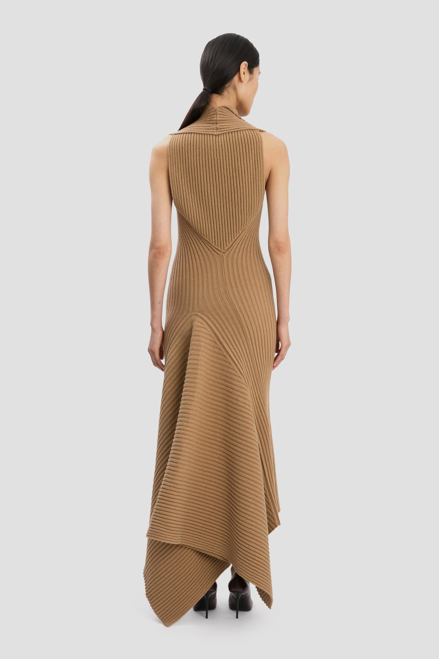 Draped Sleeveless Rib Midi Dress In Dark Camel