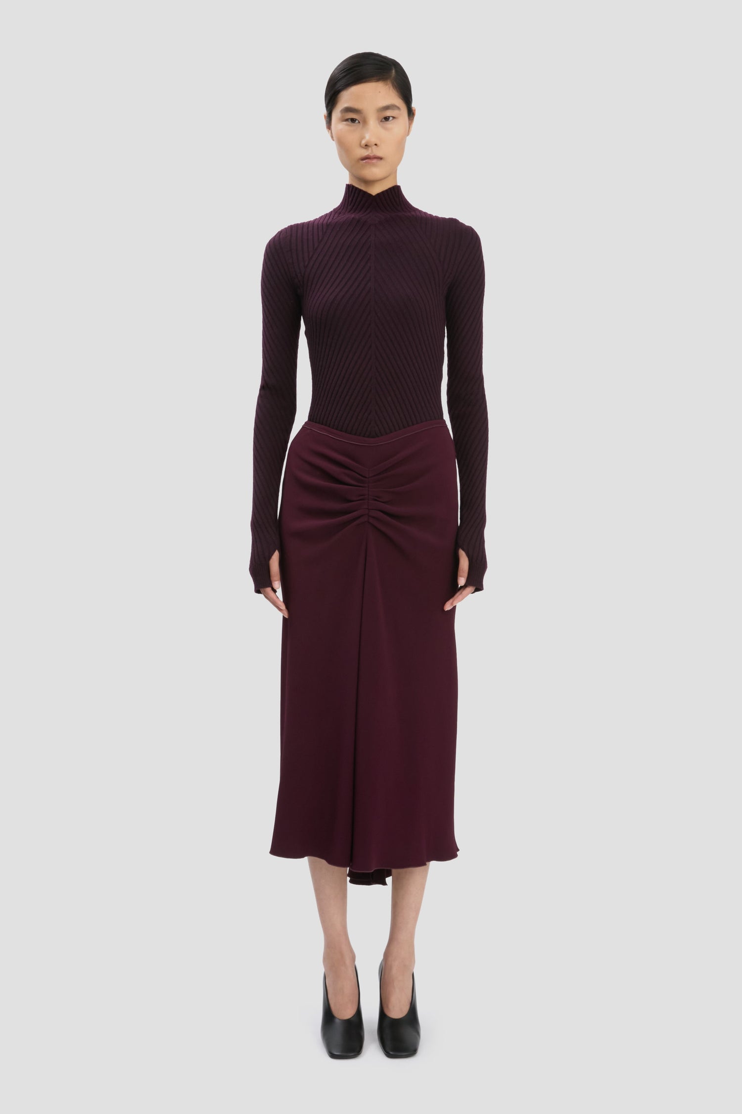 Jupe midi à taille froncée en Merlot