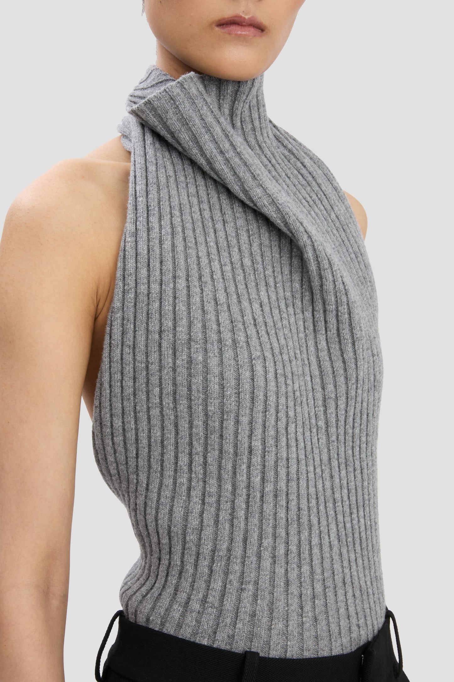 Draped Sleeveless Rib Top In Grey Melange