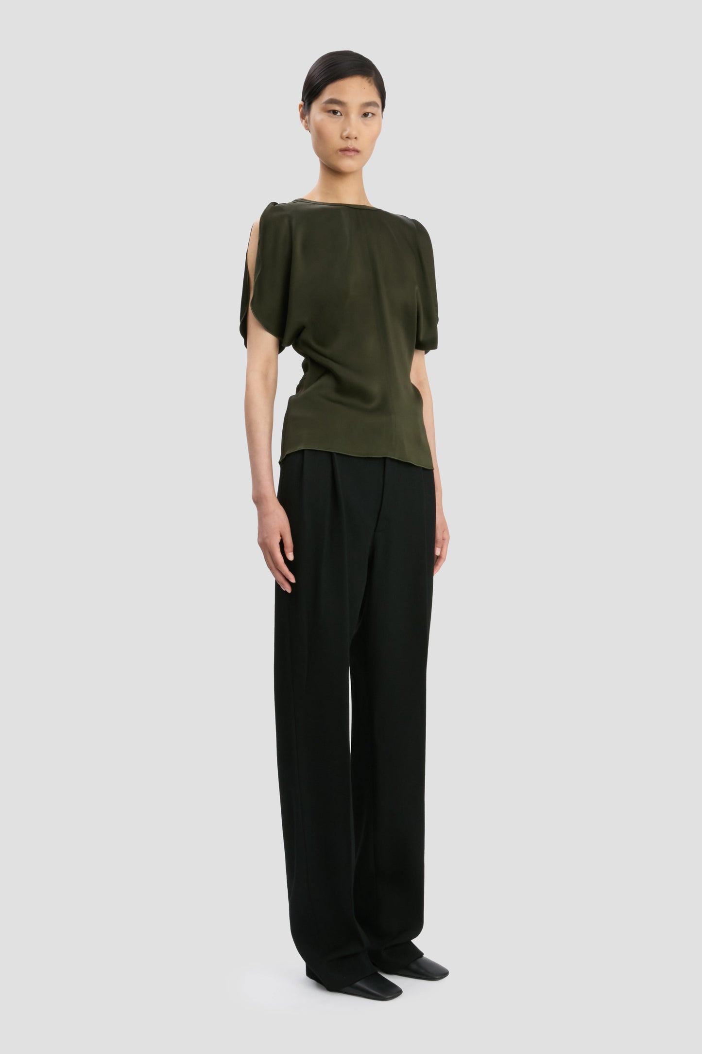 Draped Sleeve Top In Dark Olive