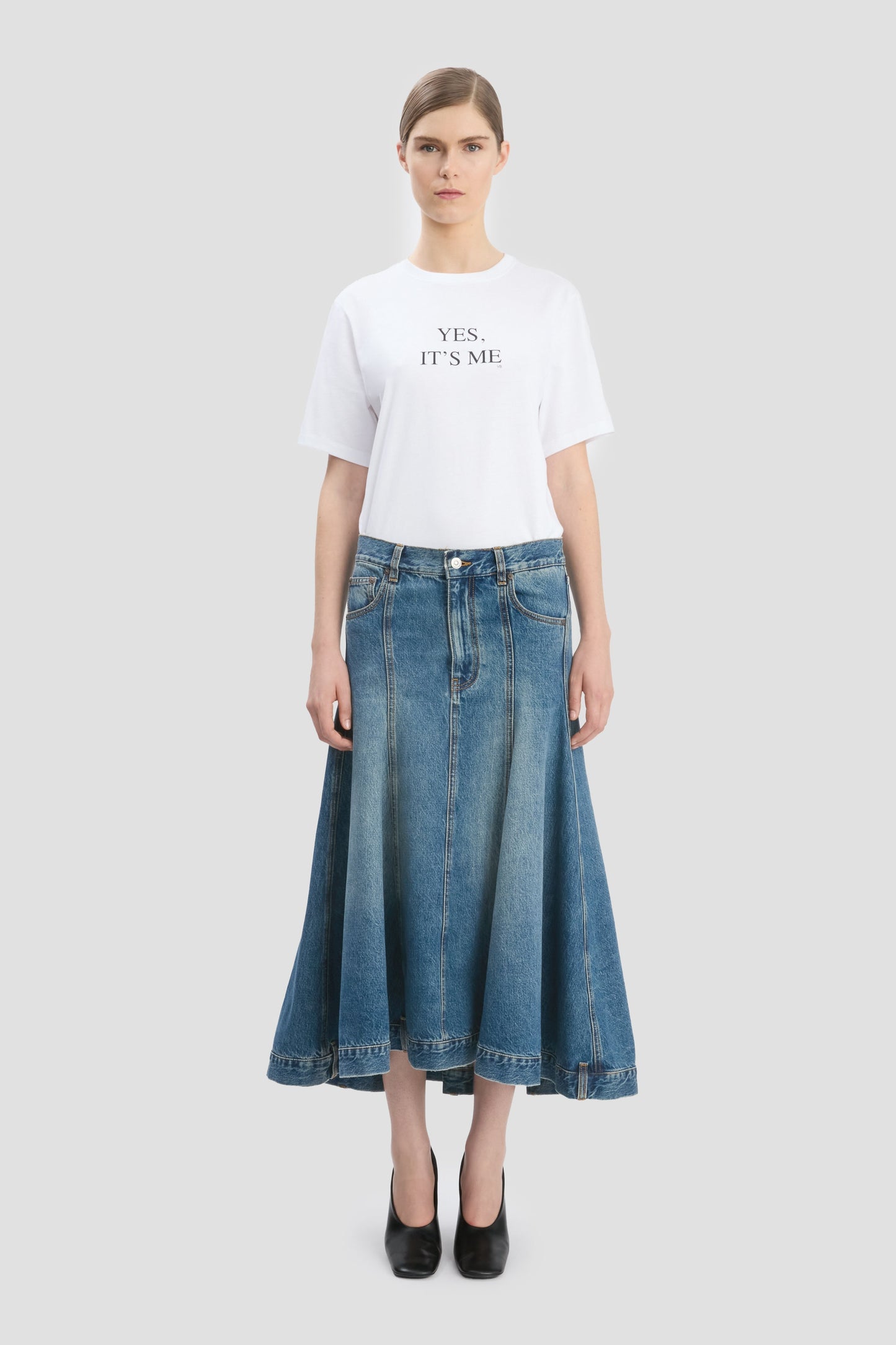 Panelled Kick Detail Skirt In Classic Blue Wash