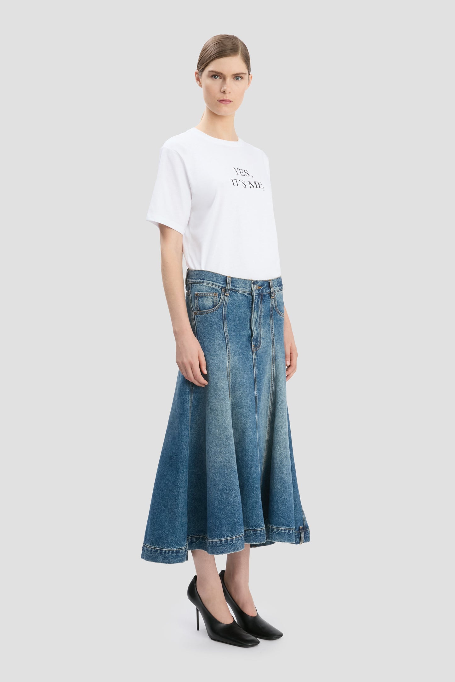 Panelled Kick Detail Skirt In Classic Blue Wash