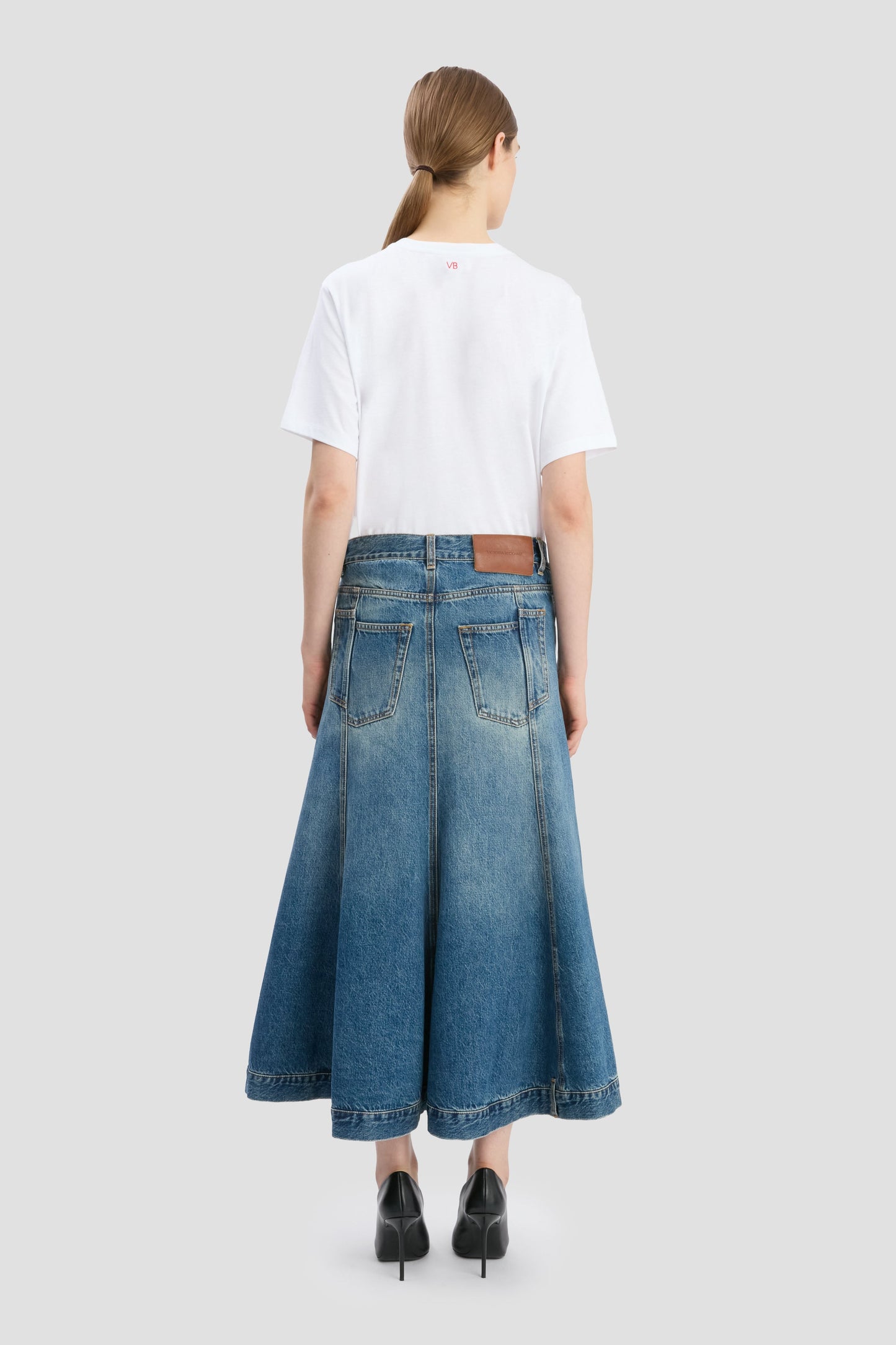 Panelled Kick Detail Skirt In Classic Blue Wash