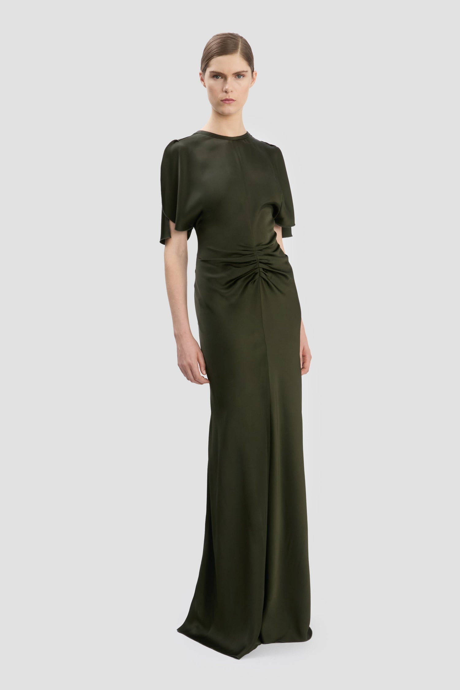 Gathered Waist Floor-Length Dress In Dark Olive