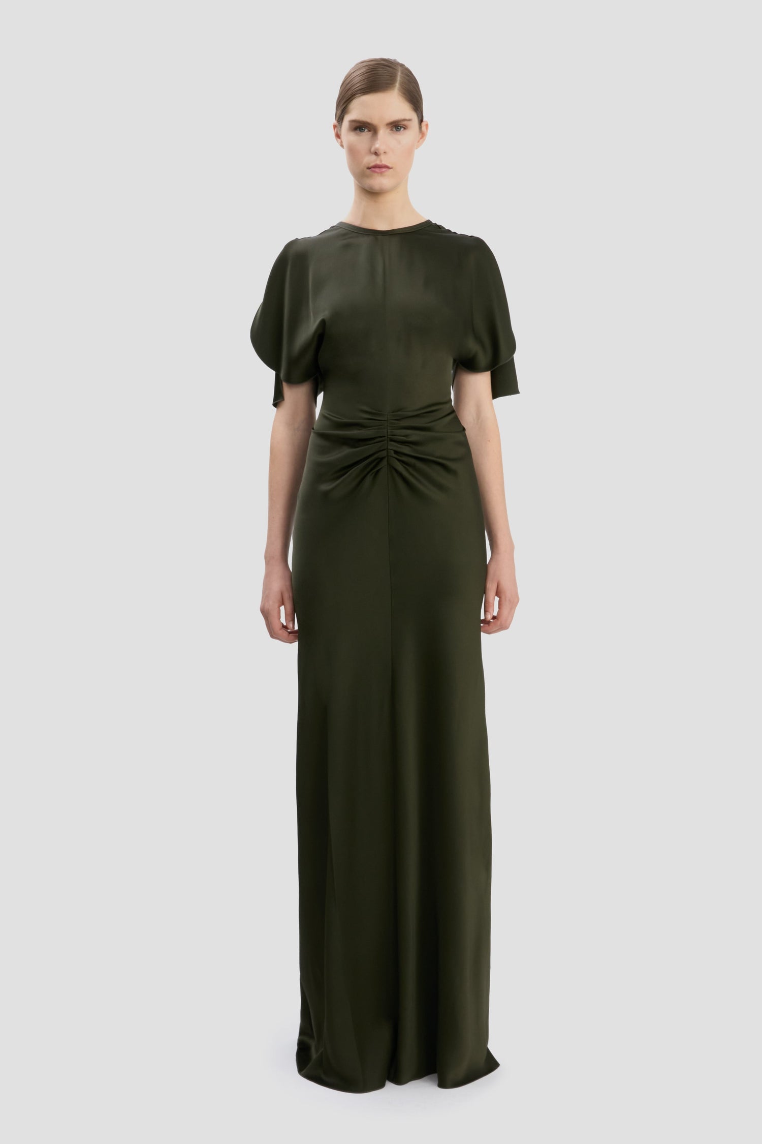 Gathered Waist Floor-Length Dress In Dark Olive