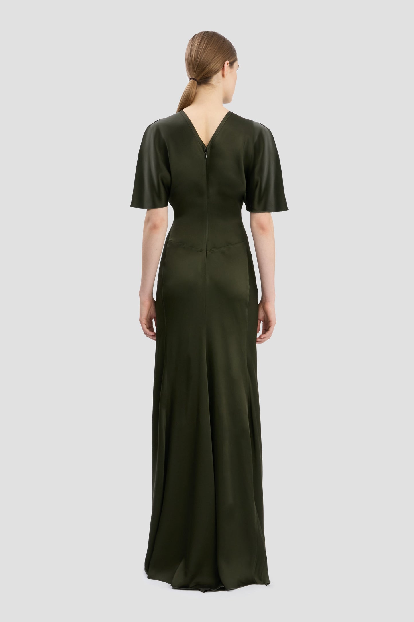 Gathered Waist Floor-Length Dress In Dark Olive
