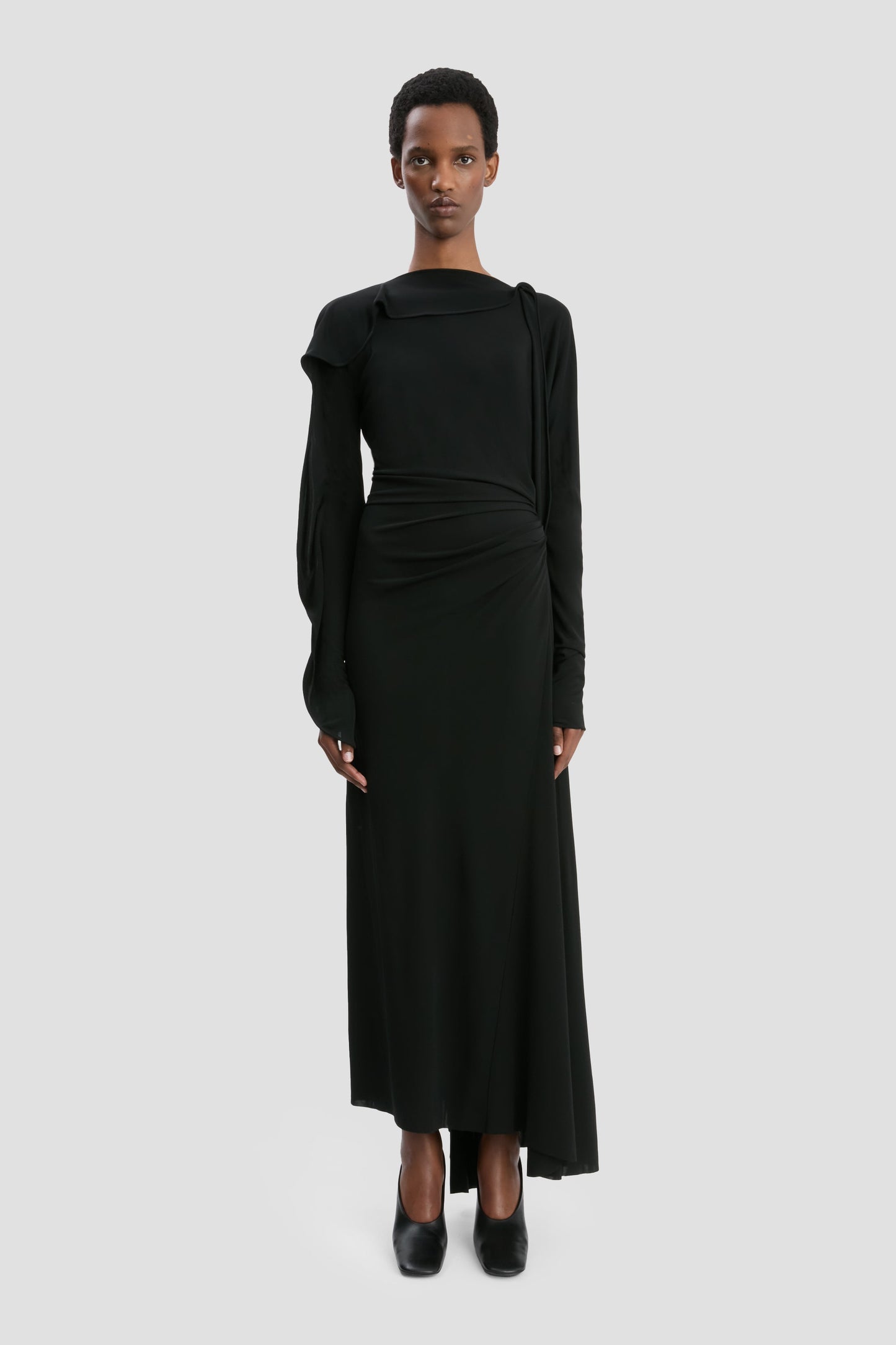 Long Sleeve Draped Jersey Midi Dress In Black