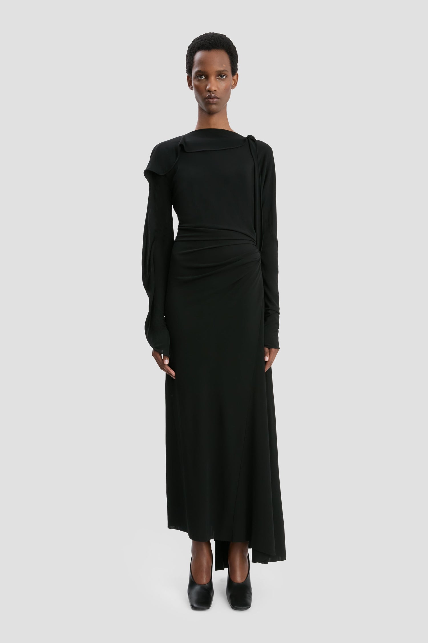 Long Sleeve Draped Jersey Midi Dress In Black