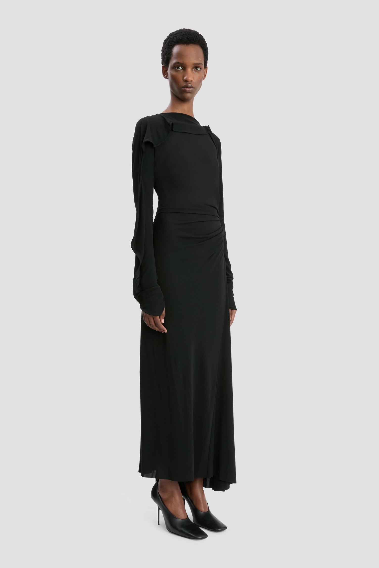 Long Sleeve Draped Jersey Midi Dress In Black