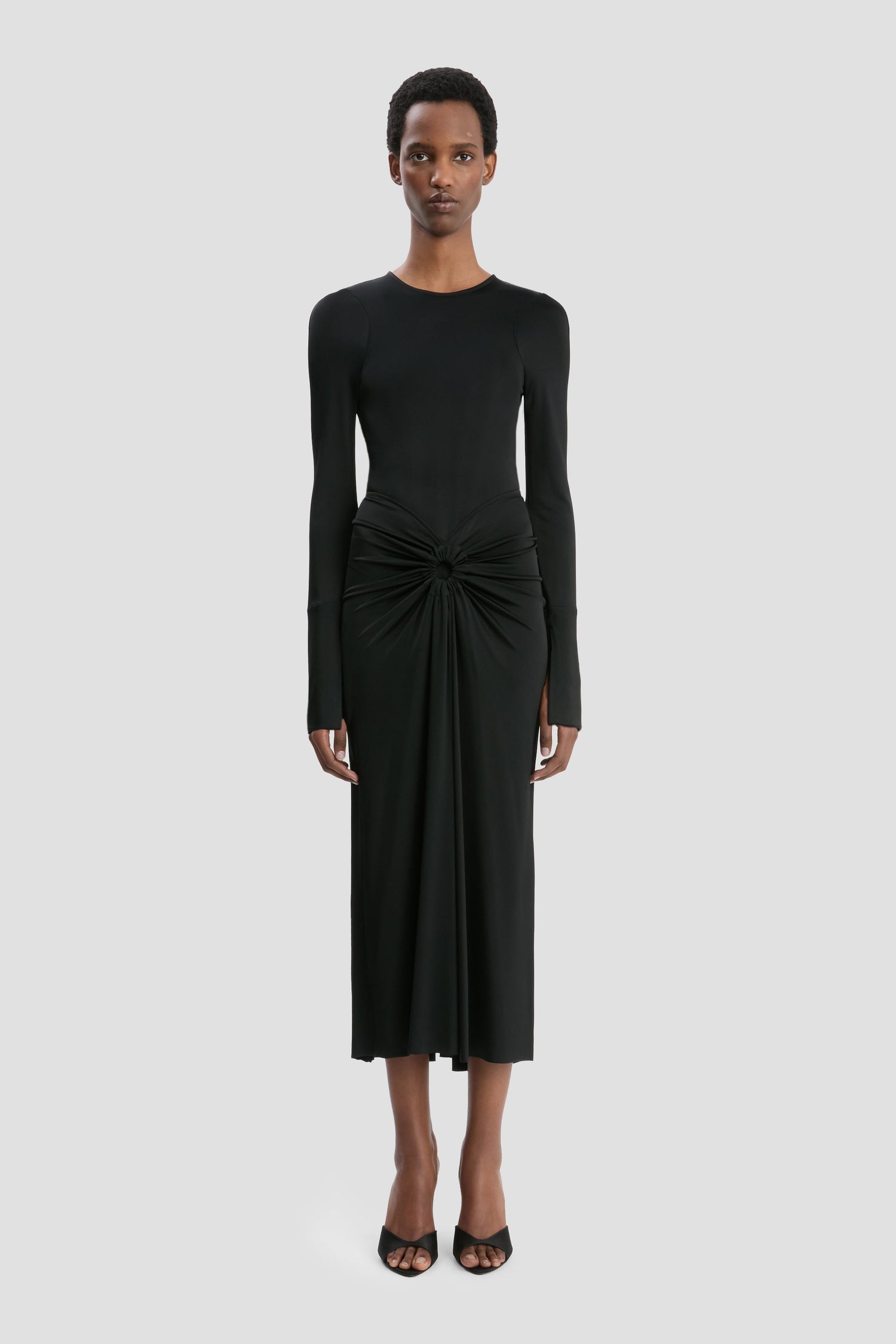 Long Sleeve Gathered Midi Dress In Black