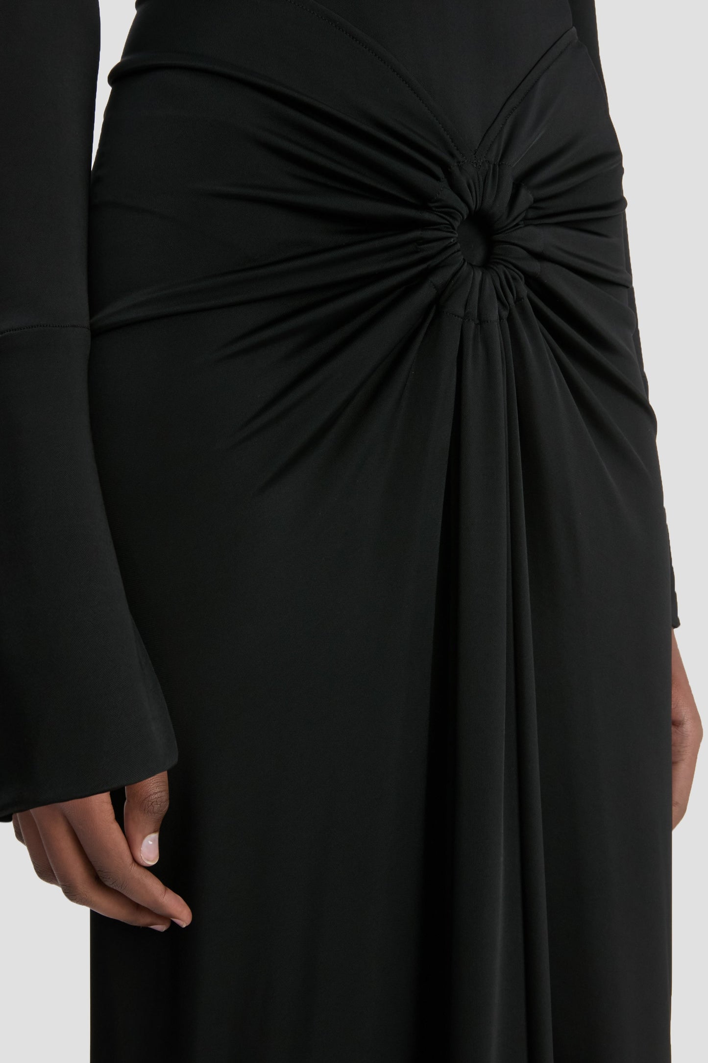 Long Sleeve Gathered Midi Dress In Black