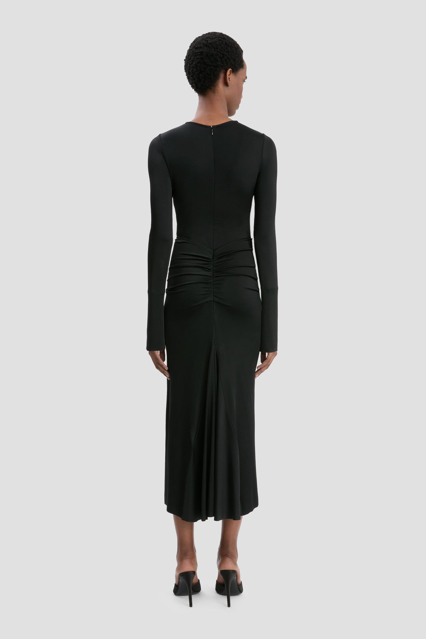 Long Sleeve Gathered Midi Dress In Black