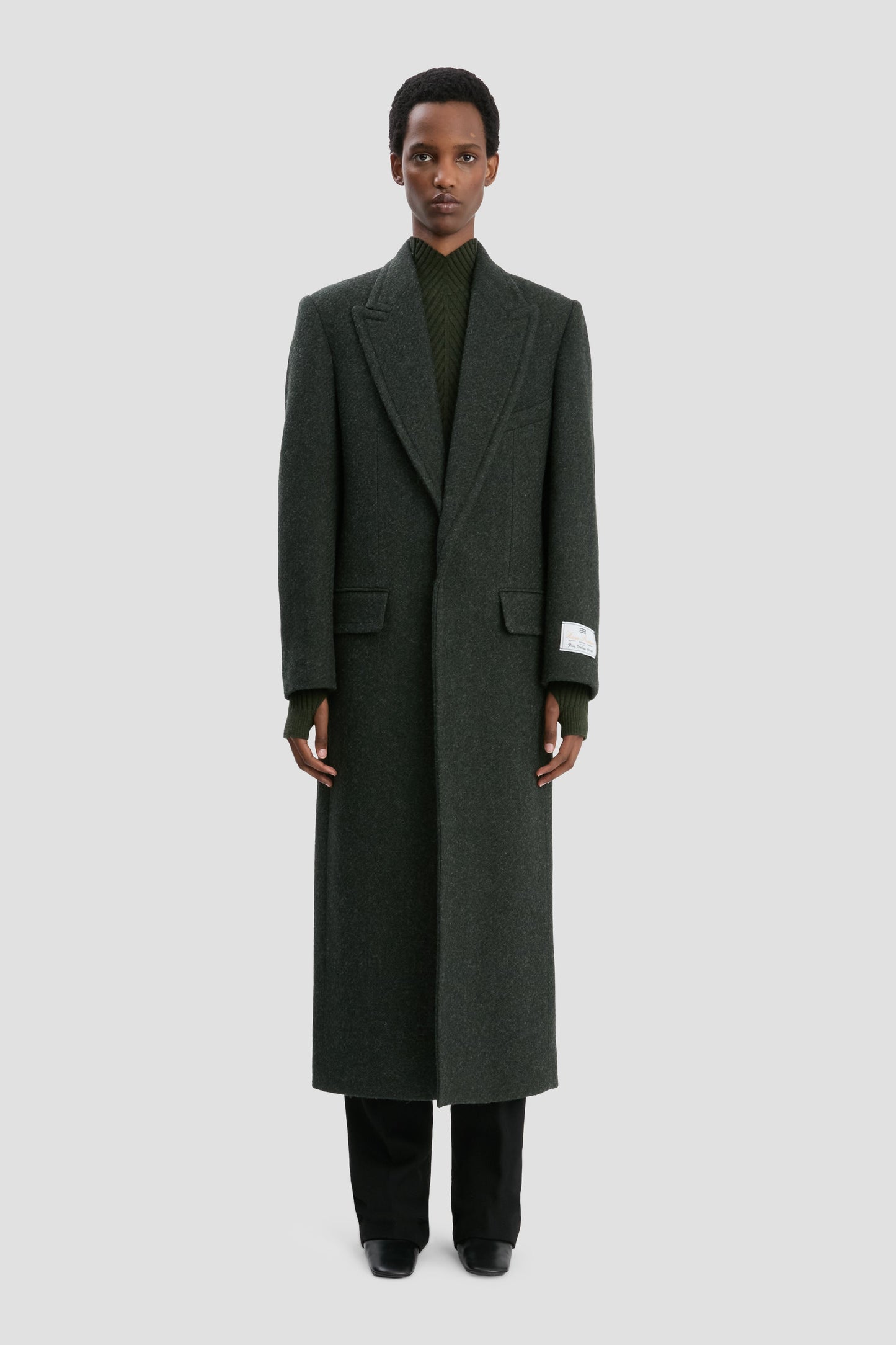 Curved Sleeve Overcoat In Dark Olive Melange