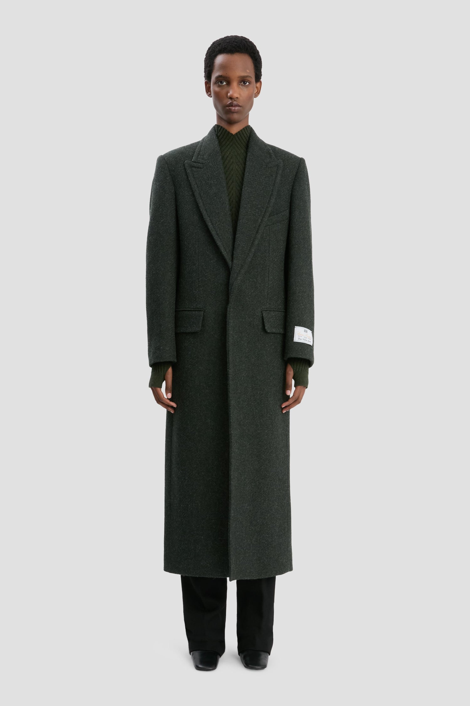 Curved Sleeve Overcoat In Dark Olive Melange