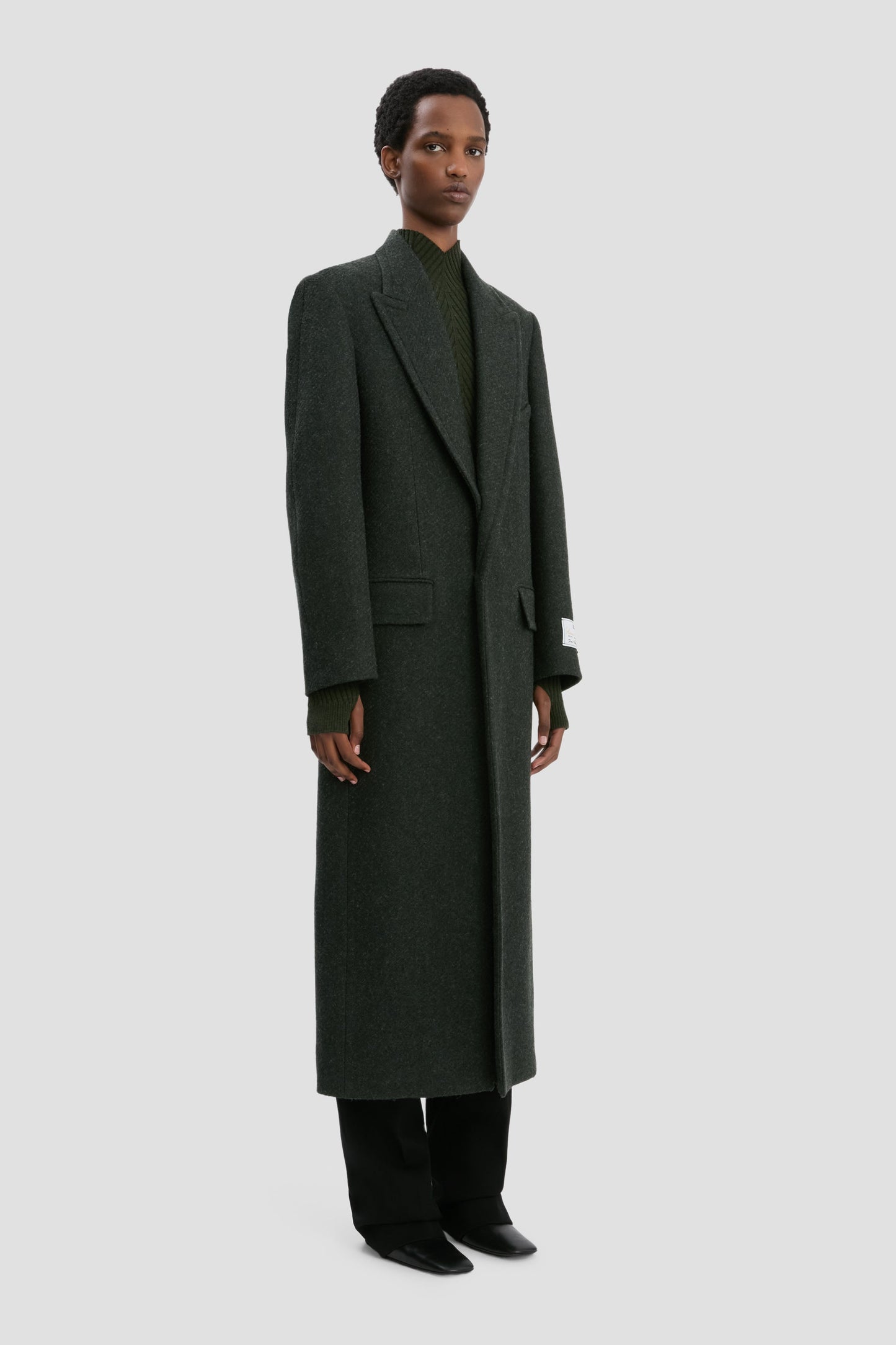 Curved Sleeve Overcoat In Dark Olive Melange
