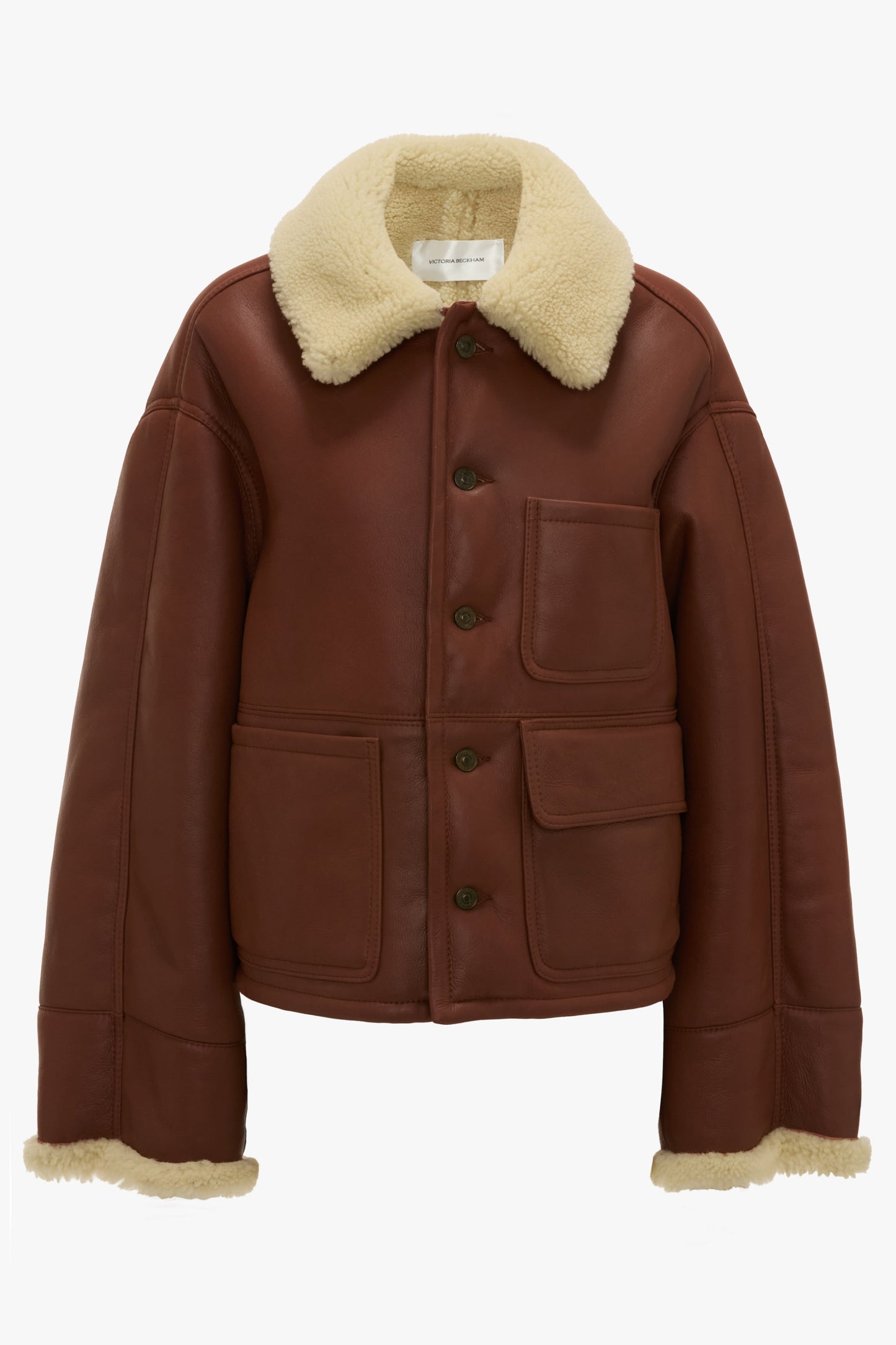Cropped Shearling Jacket In Brown-Cream