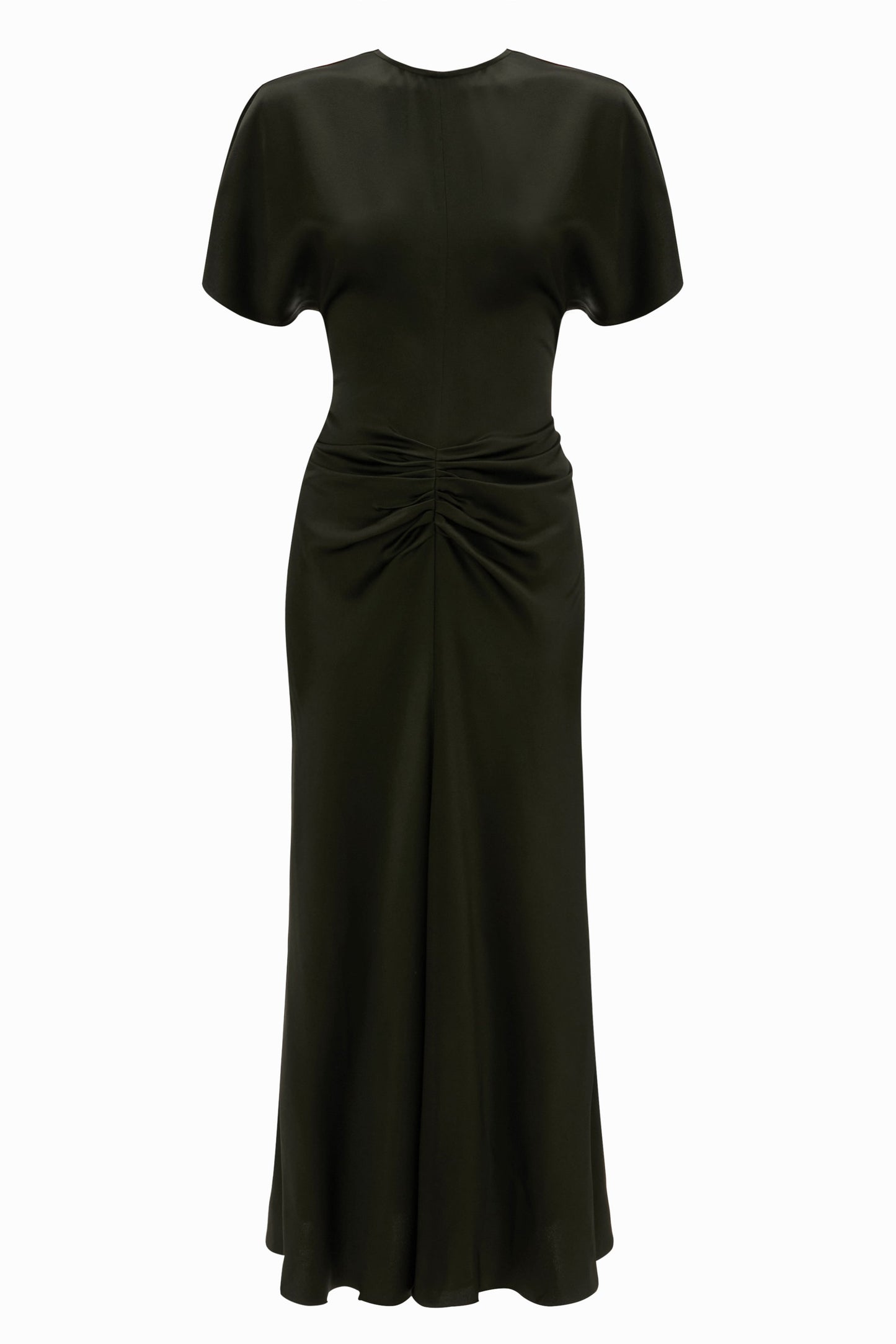 Gathered Waist Midi Dress In Dark Olive