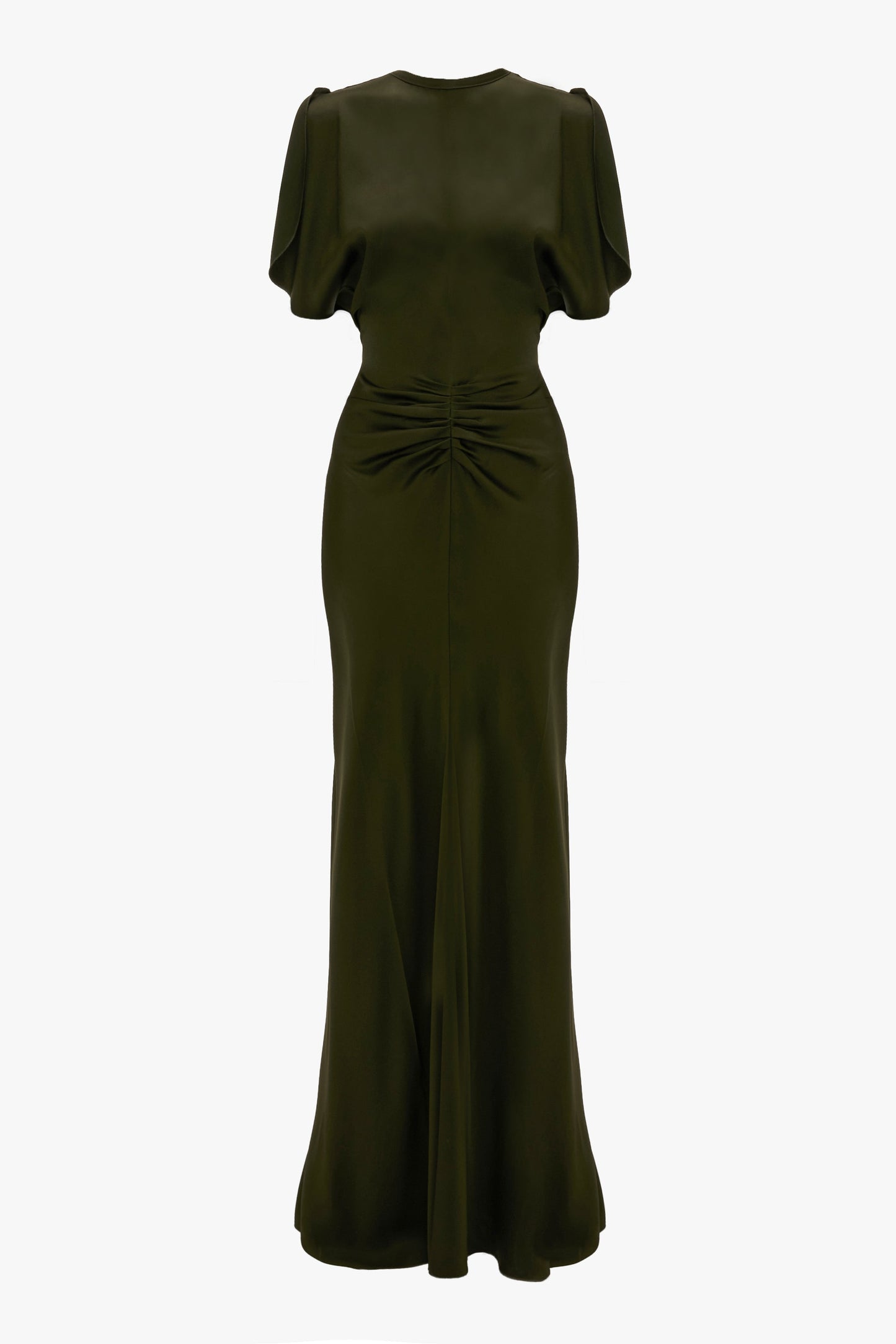 Gathered Waist Floor-Length Dress In Dark Olive
