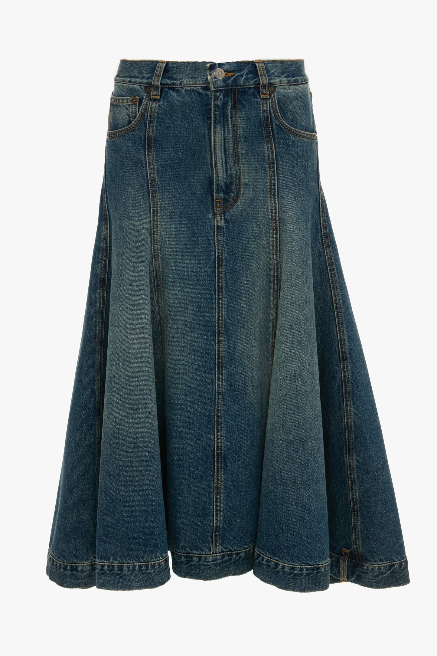 Panelled Kick Detail Skirt In Classic Blue Wash