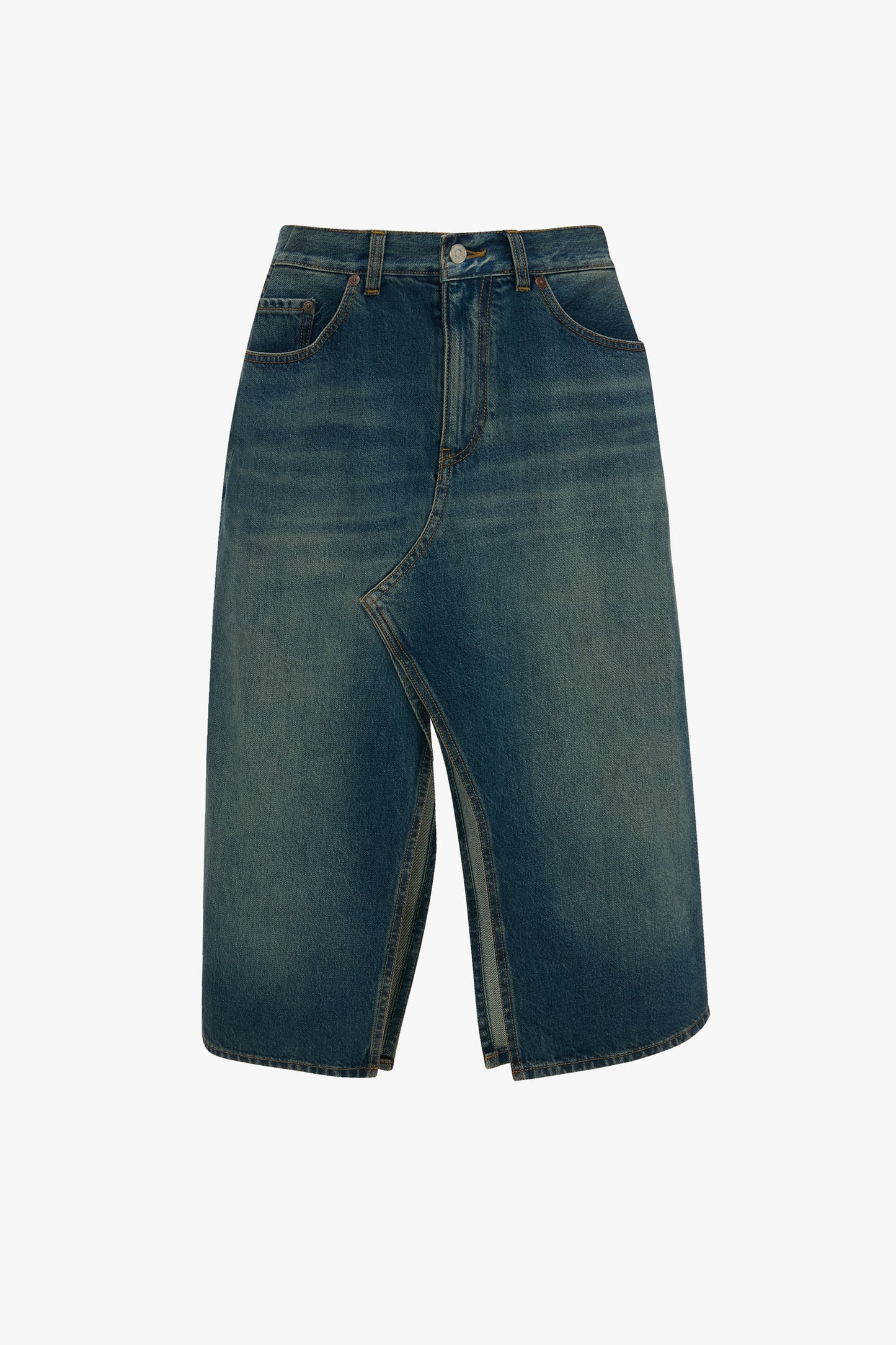 Kick Pocket Denim Skirt In Mid Blue Wash