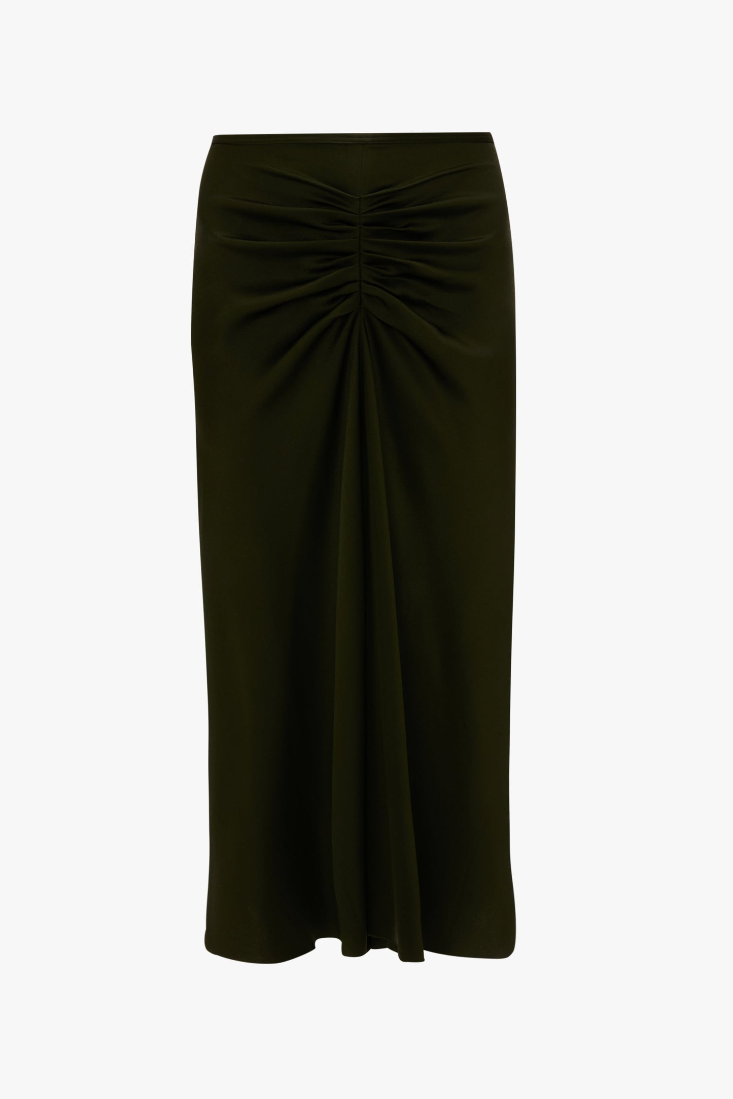 Gathered Waist Midi Skirt In Dark Olive
