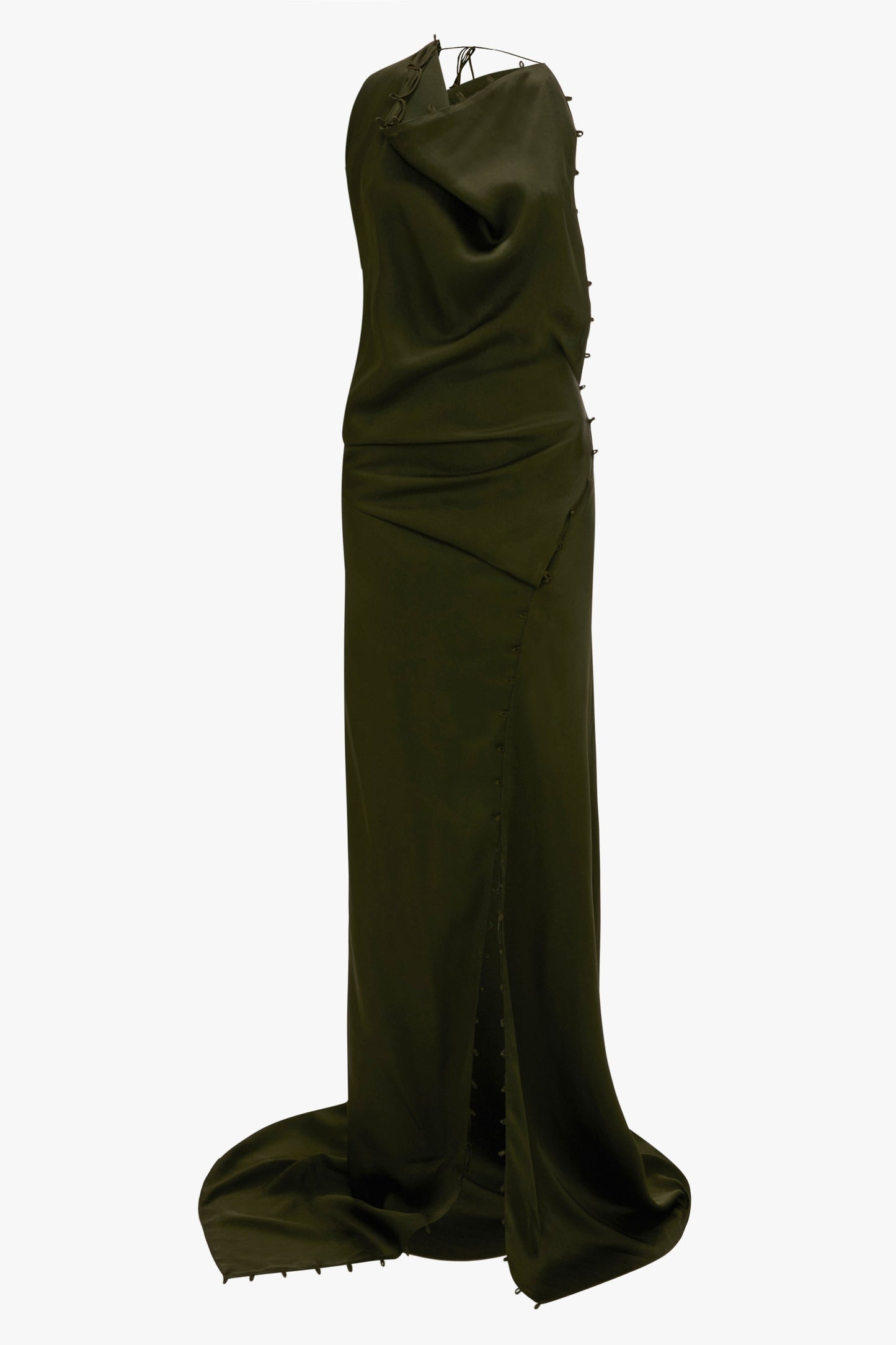 Rouleaux Detail Sleeveless Gown In Dark Olive