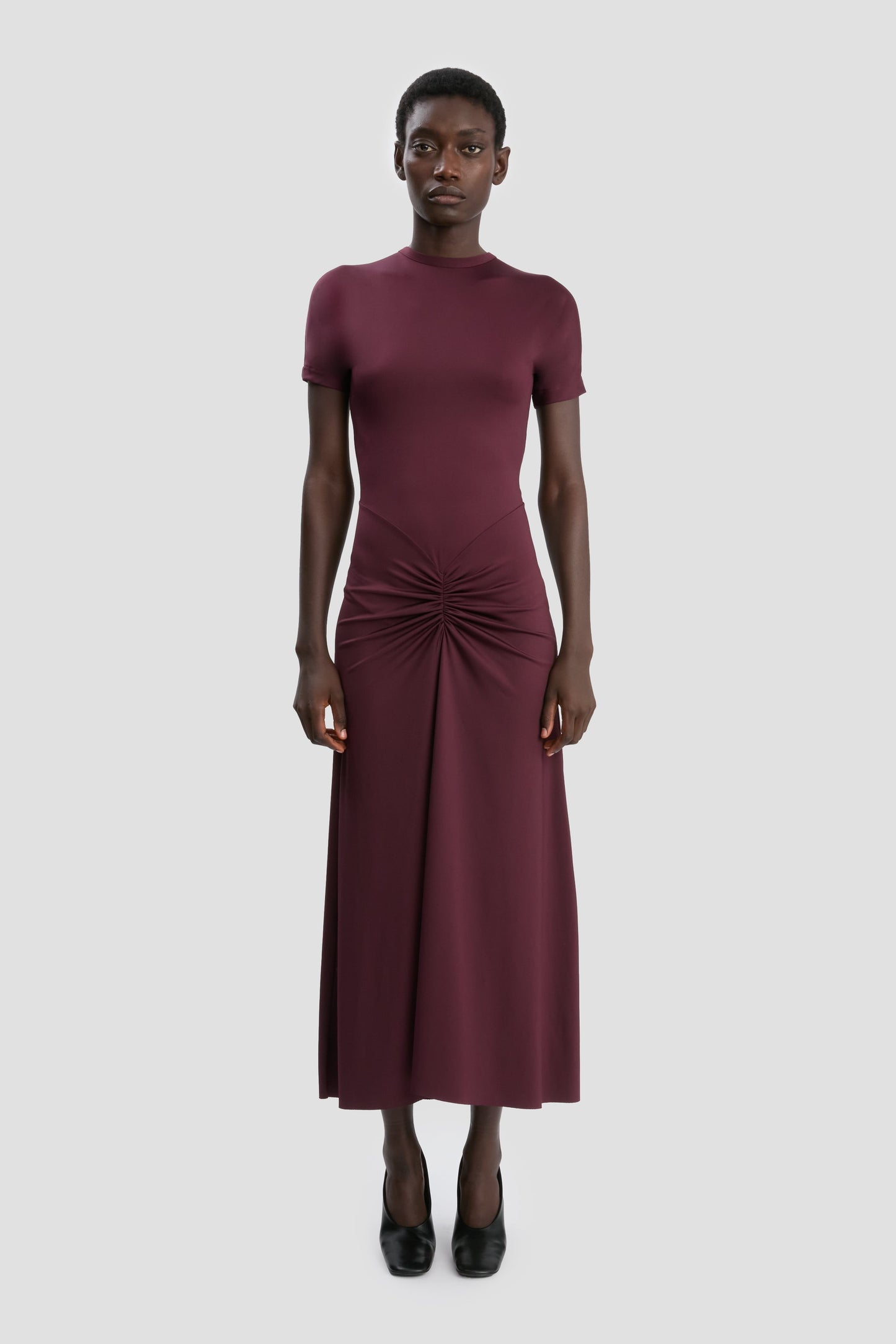 Gathered Waist T-Shirt Midi Dress In Merlot