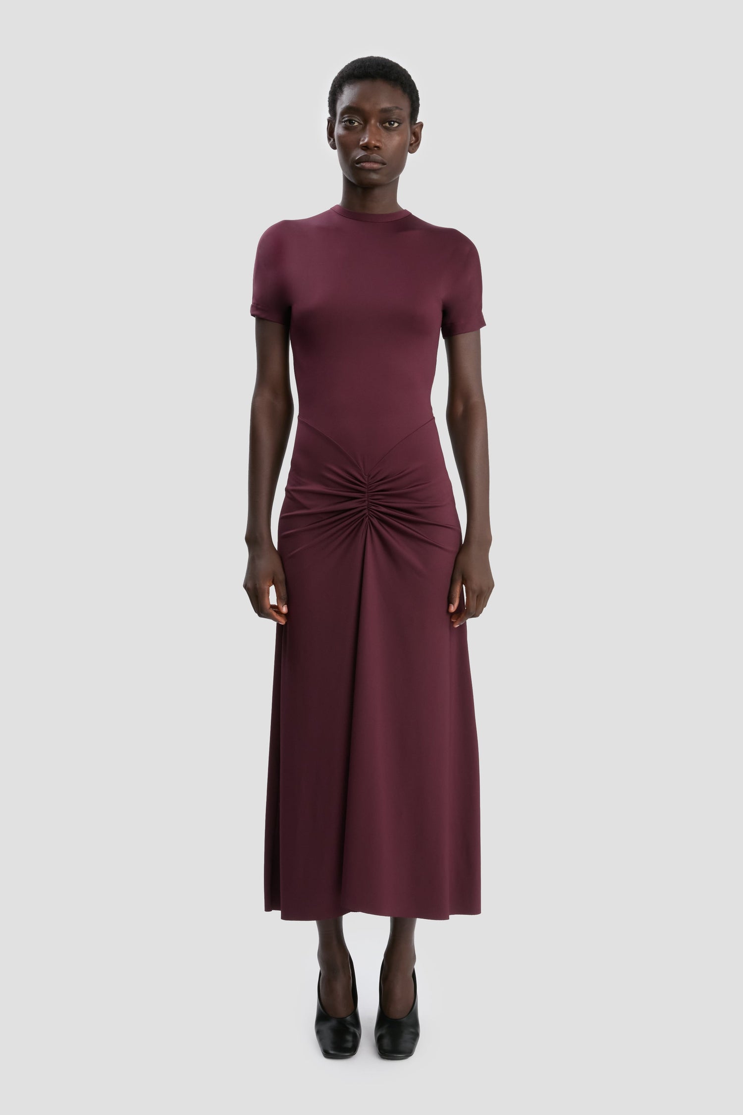 Gathered Waist T-Shirt Midi Dress In Merlot