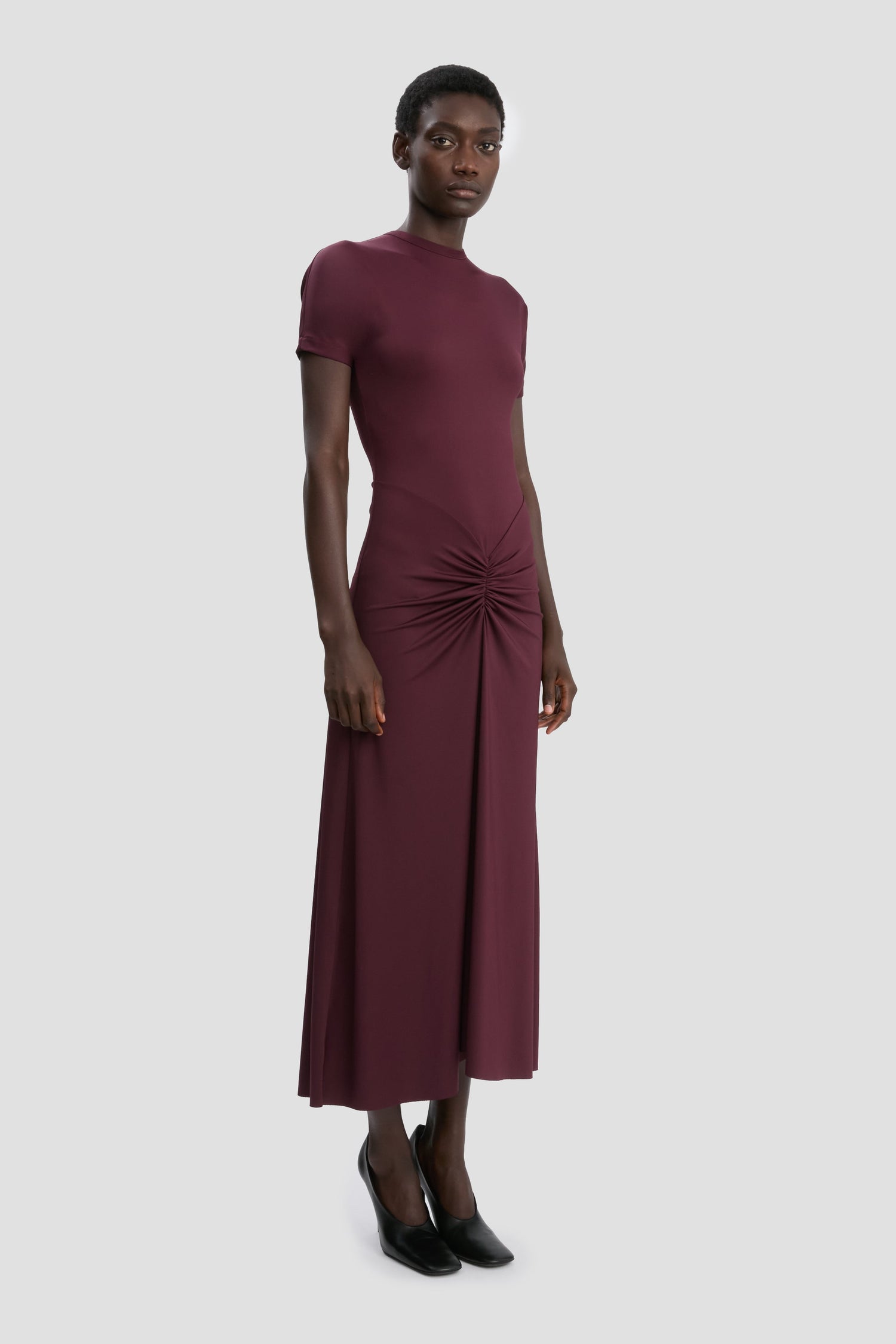 Gathered Waist T-Shirt Midi Dress In Merlot