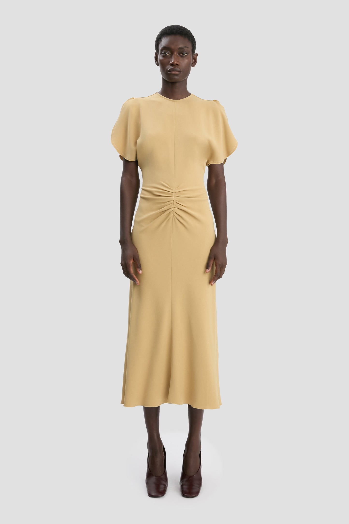 Gathered Waist Midi Dress In Honey