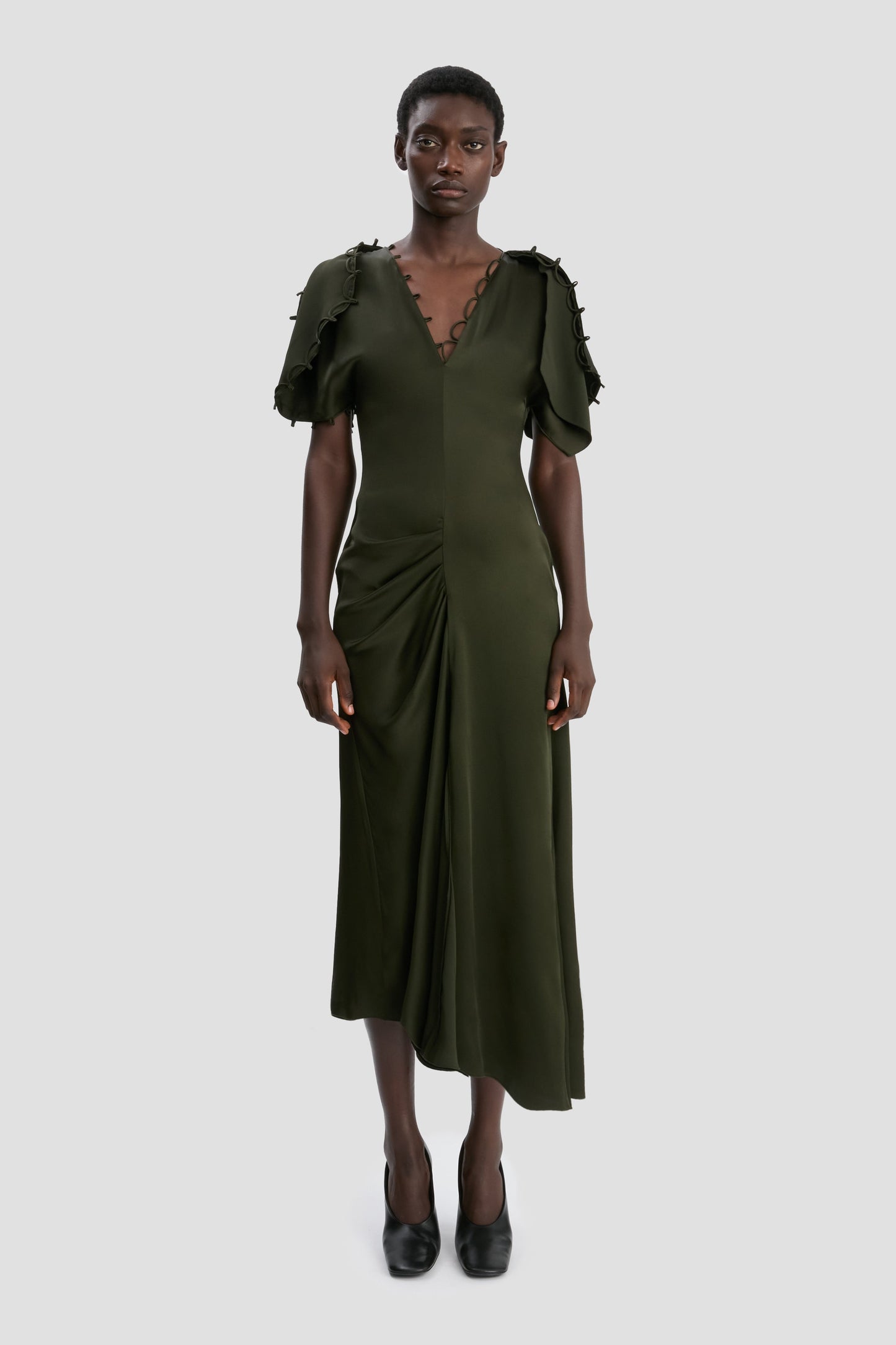 Rouleaux Detail Midi Dress In Dark Olive