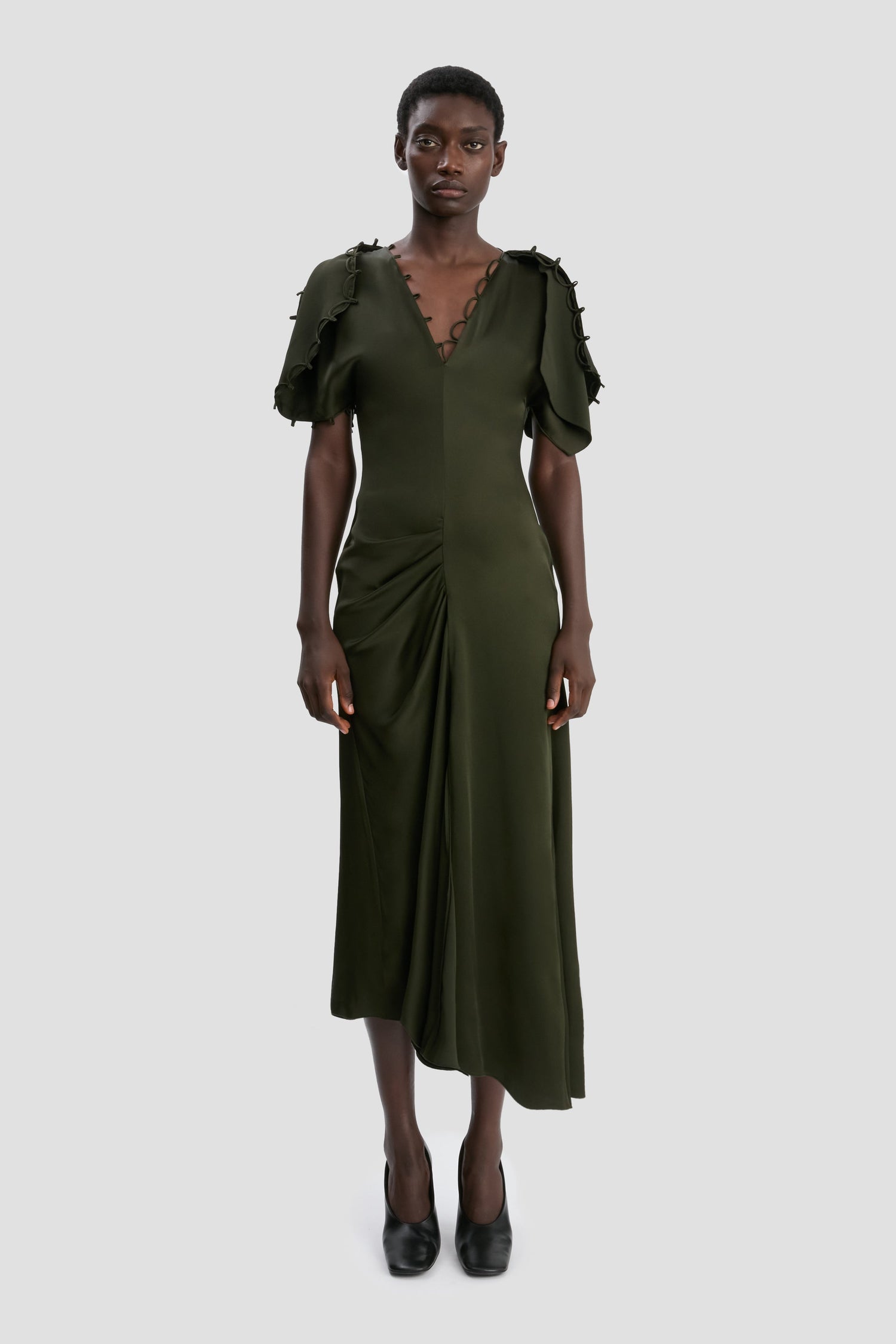 Rouleaux Detail Midi Dress In Dark Olive