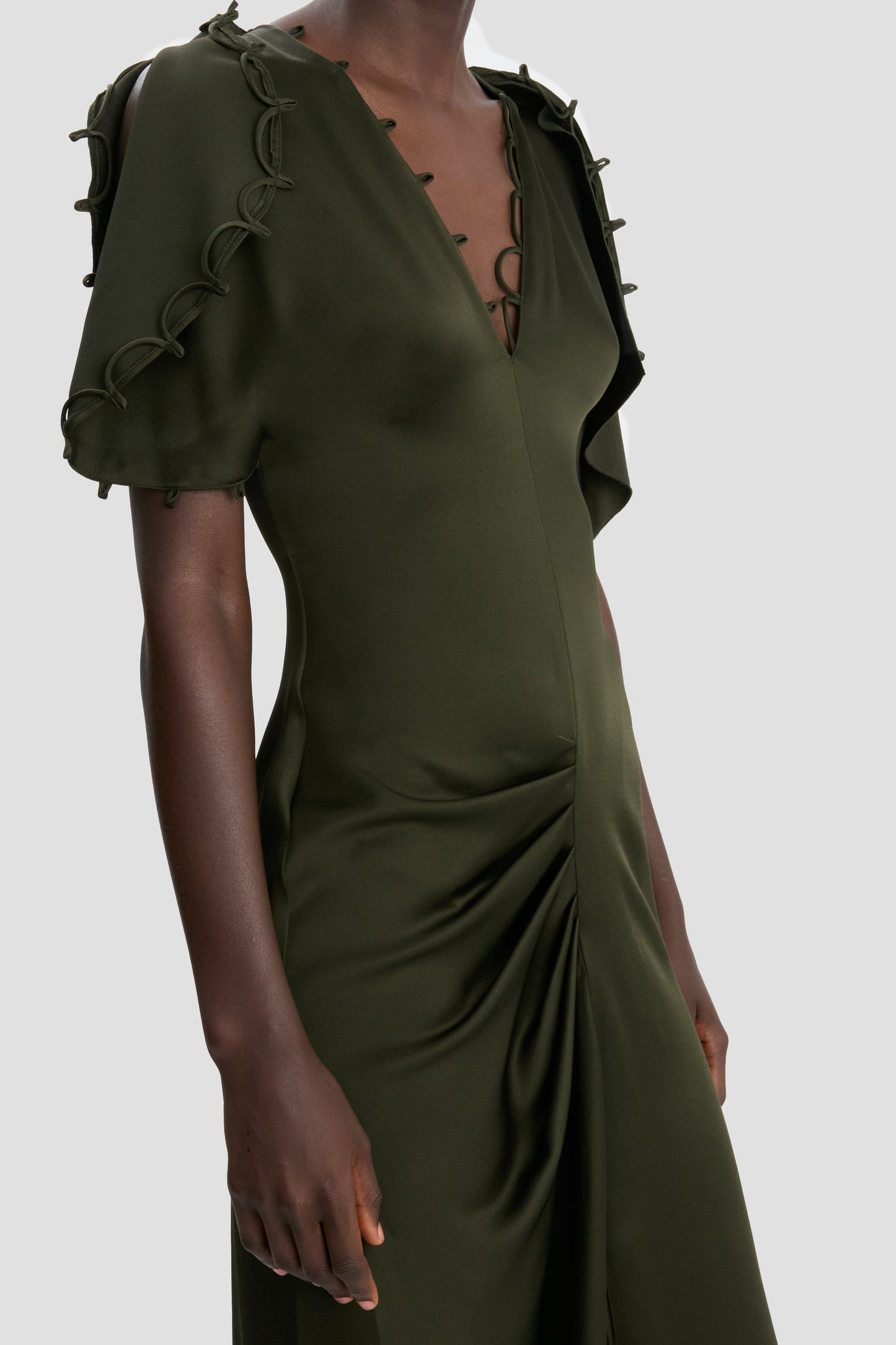 Rouleaux Detail Midi Dress In Dark Olive