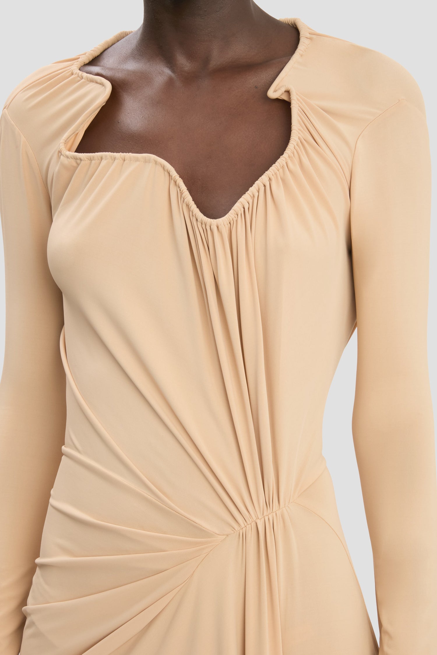 Asymmetric Structured Neckline Gown In Dune Beige