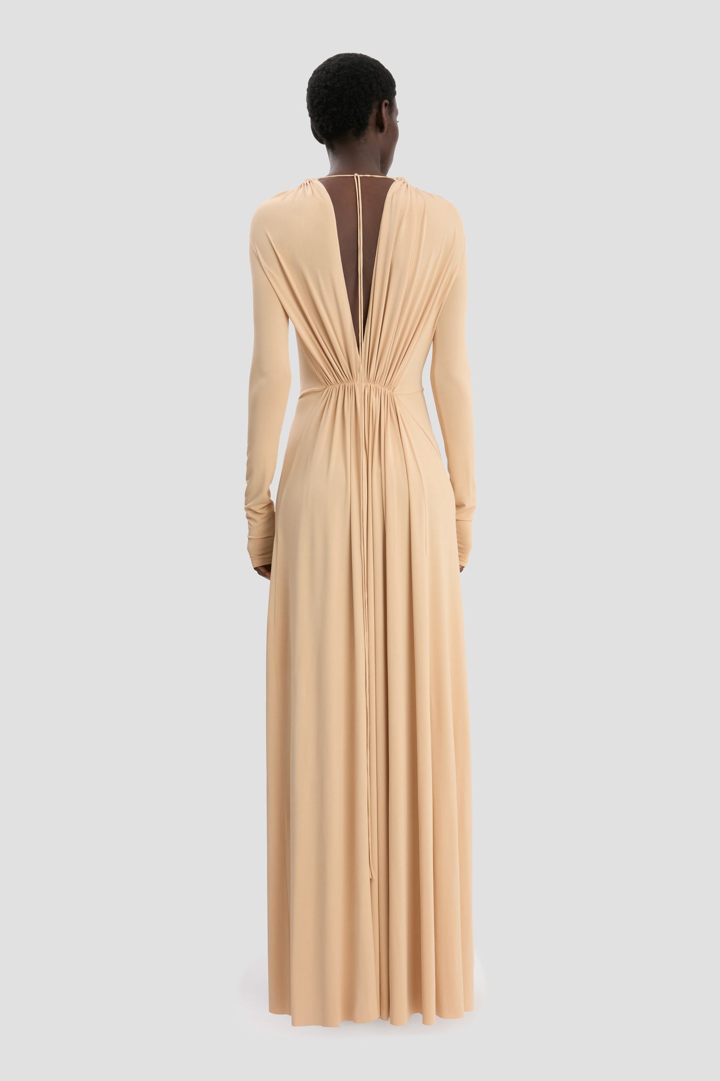 Asymmetric Structured Neckline Gown In Dune Beige