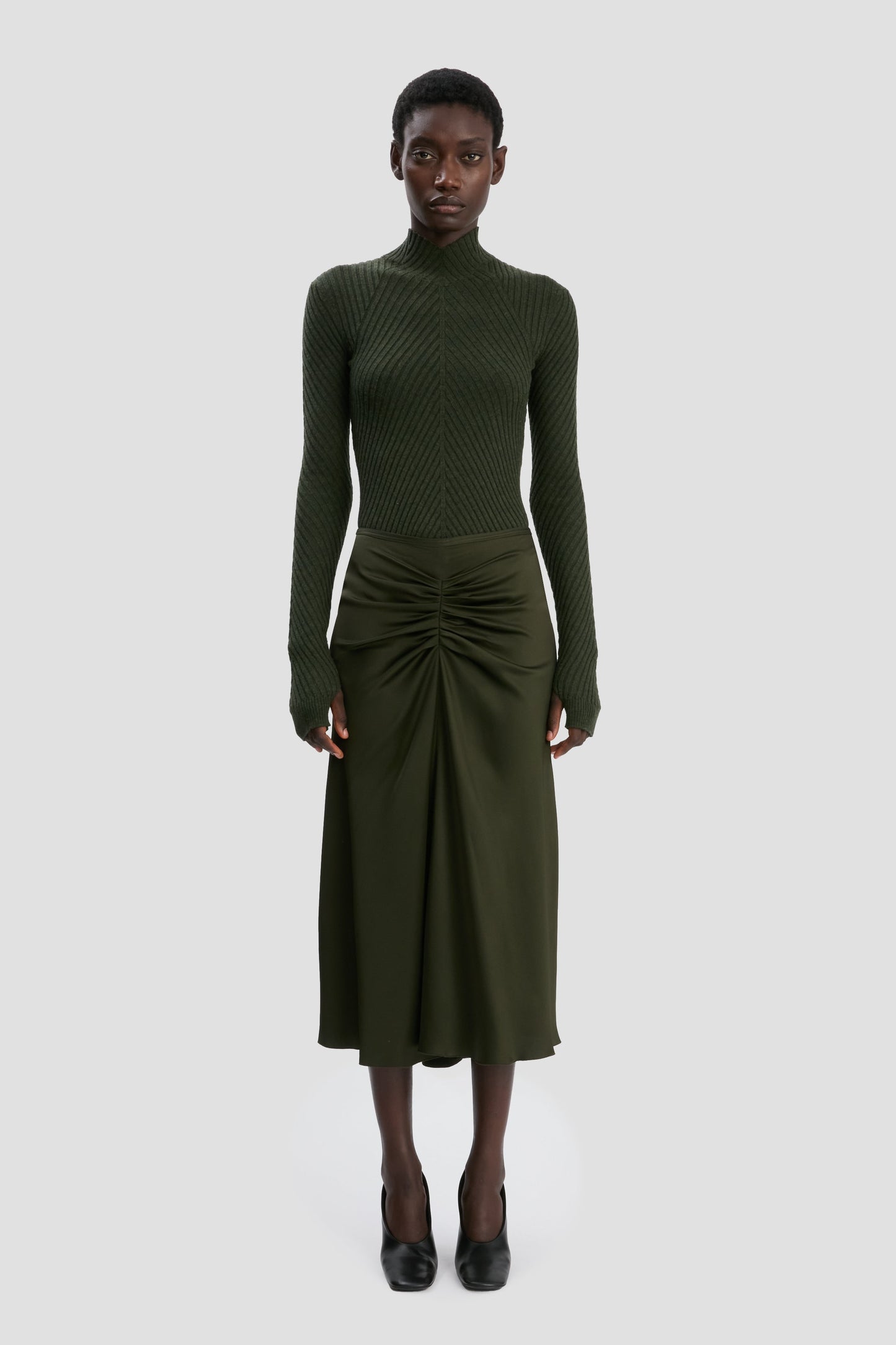 Gathered Waist Midi Skirt In Dark Olive