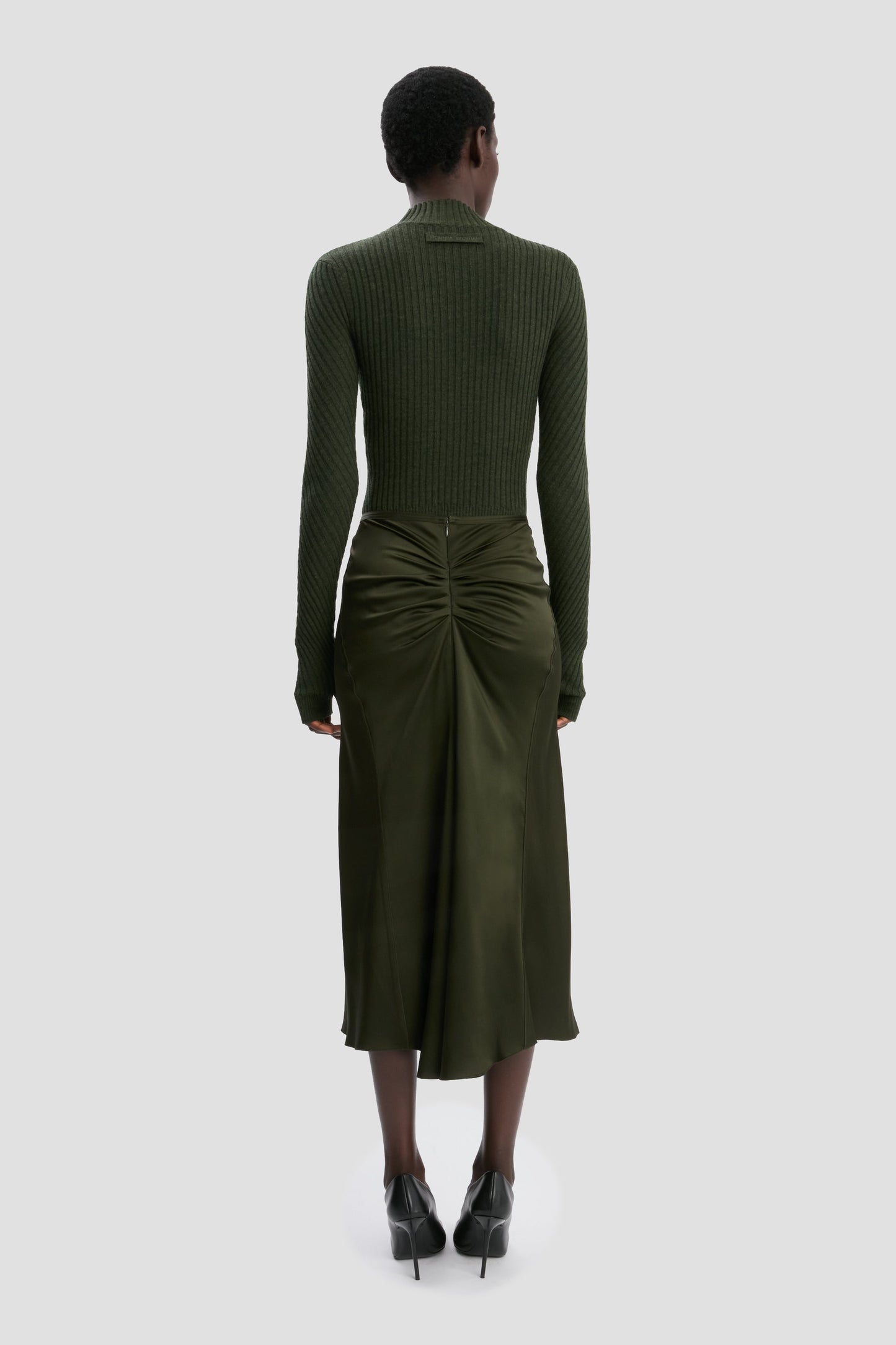 Gathered Waist Midi Skirt In Dark Olive