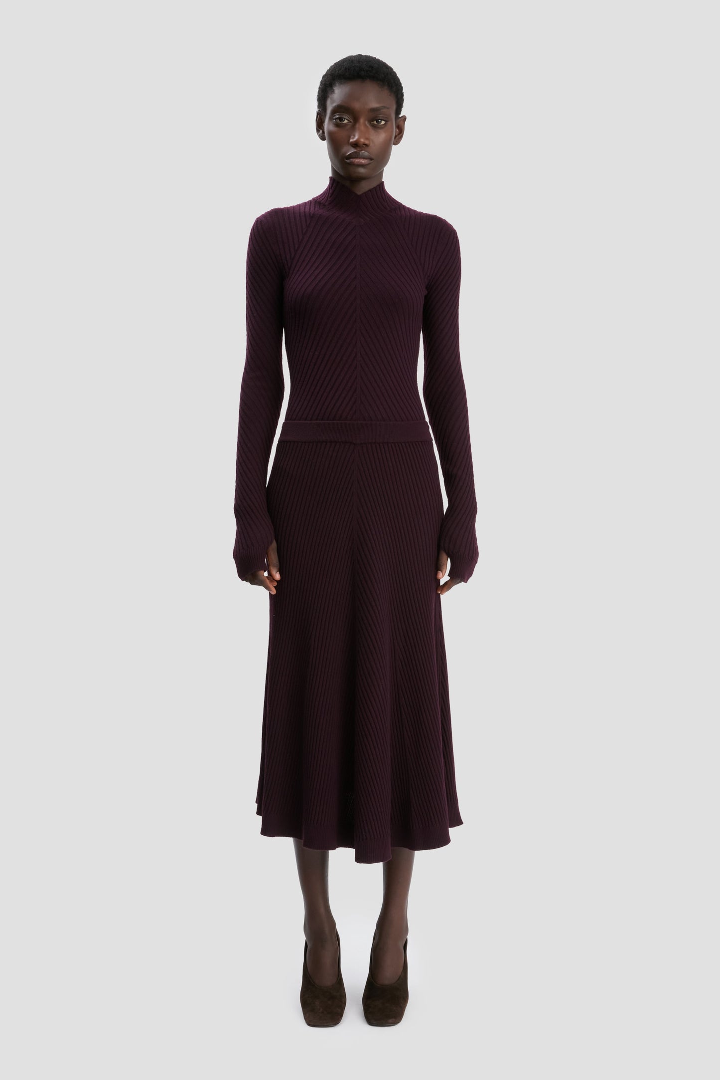 Ribbed Knit Midi Skirt In Merlot