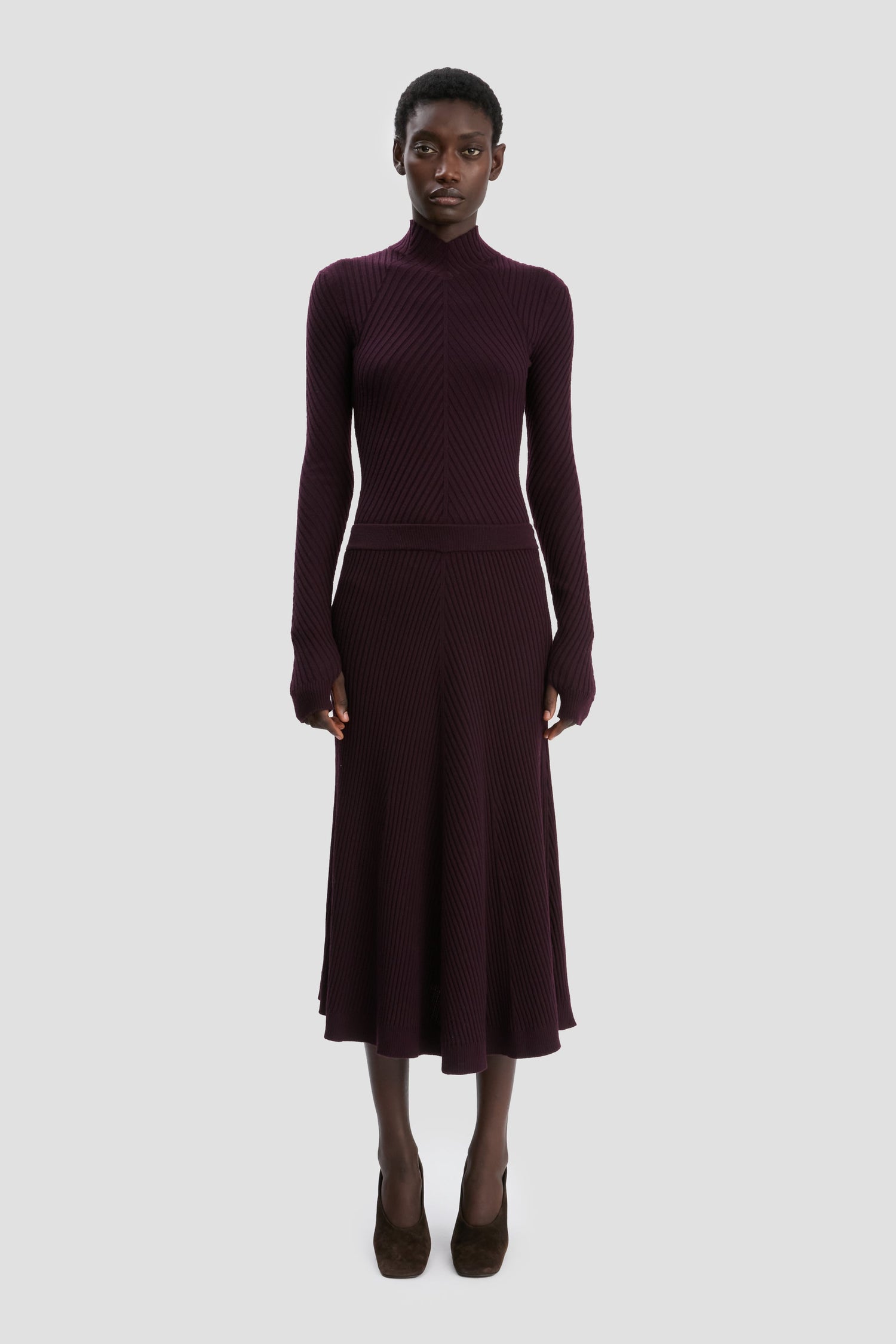 Jupe midi en maille côtelée Merlot