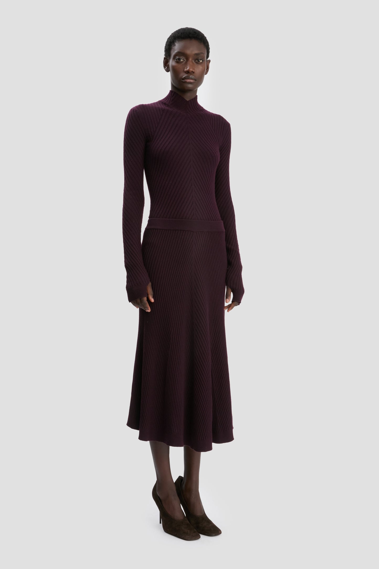 Ribbed Knit Midi Skirt In Merlot